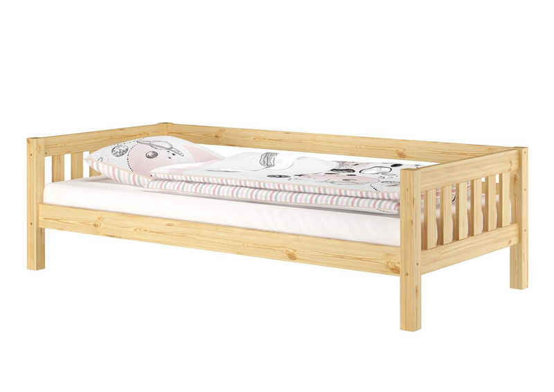 ERST-HOLZ Bett Gemütliches Kinderbett mit dreiseitiger Sicherung 90x200 cm Kiefer, Kieferfarblos lackiert