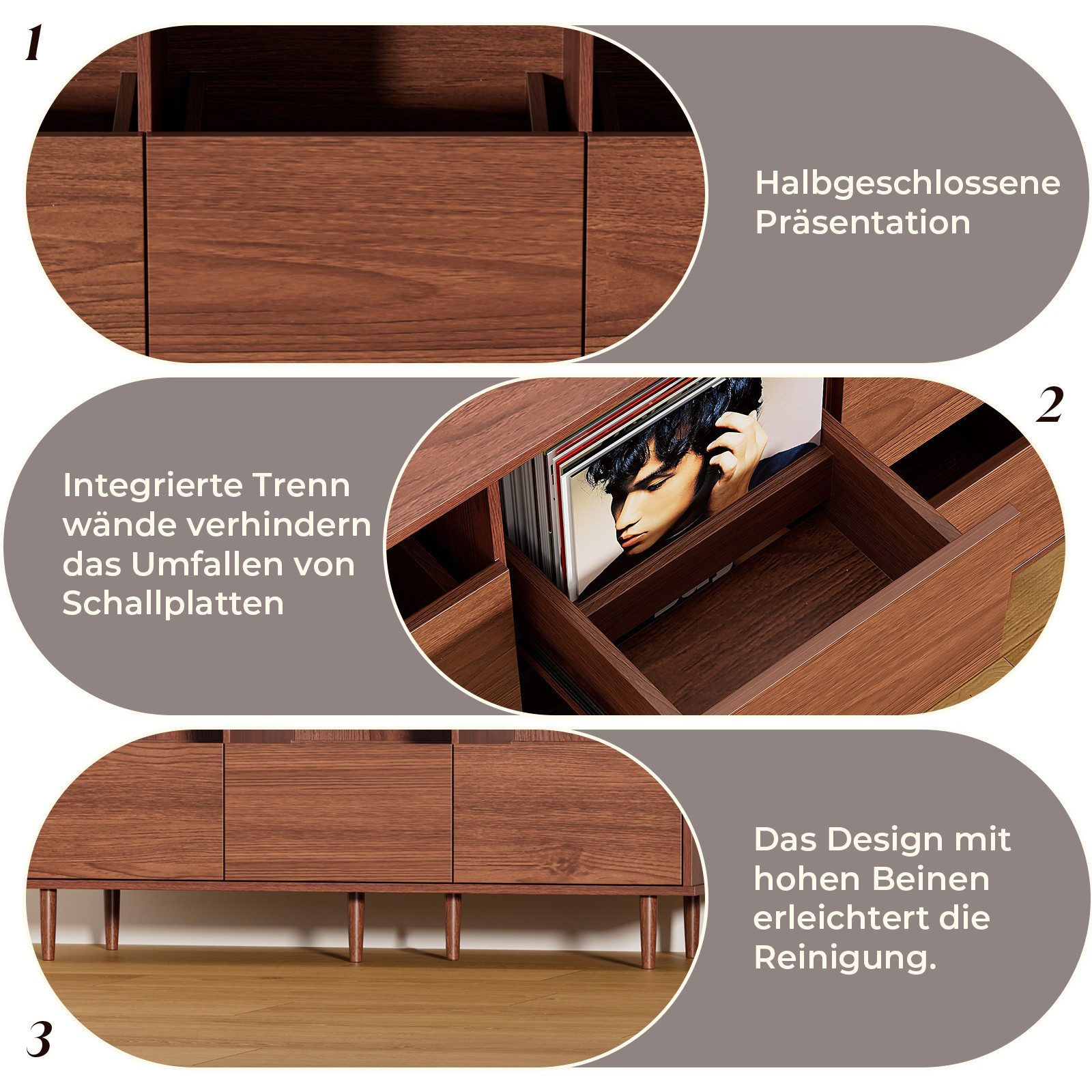 BROTTAR Sideboard Plattenspielerschrank mit Schallplattenregal (1 St), Vinyl Aufbewahrung für 7/10/12 Zoll LPs mit Schubladen