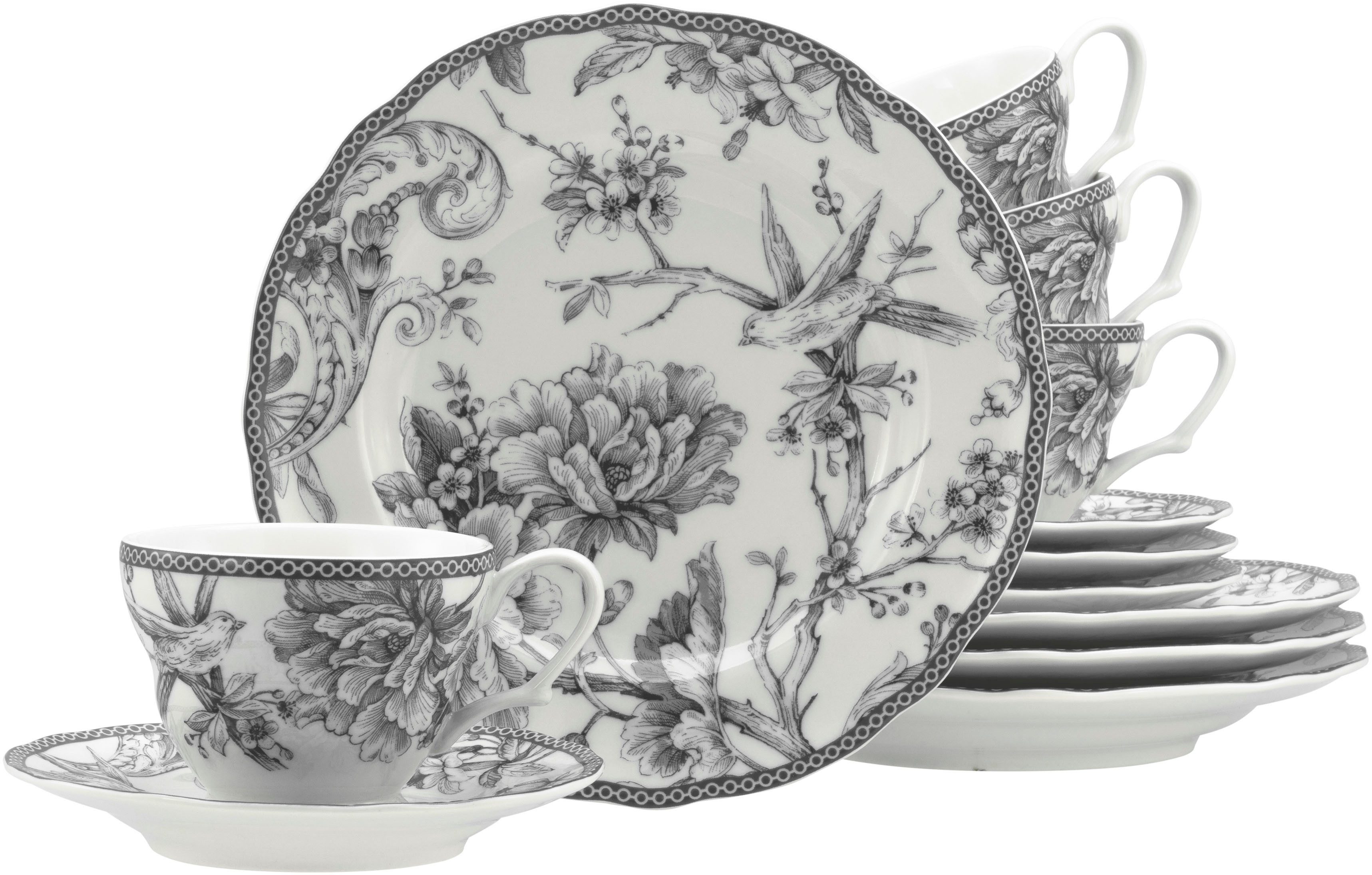 CreaTable Kaffeeservice Adelaide, Service 12-tlg. (12-tlg), 4 Personen, Porzellan, Nostalgischer Vintage Dekor, Elegante Form