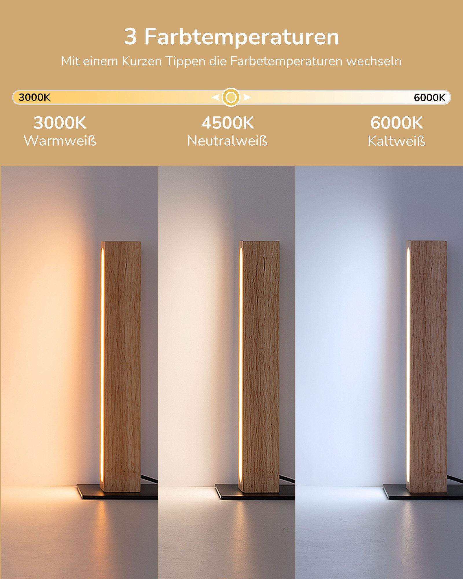 EDISHINE LED Nachttischlampe säulenförmig Holz, LED fest integriert, 3000K-4500K-6000K, Touch Dimmbar, Stehleuchte für Zimmer-ecke, Höhe 27cm
