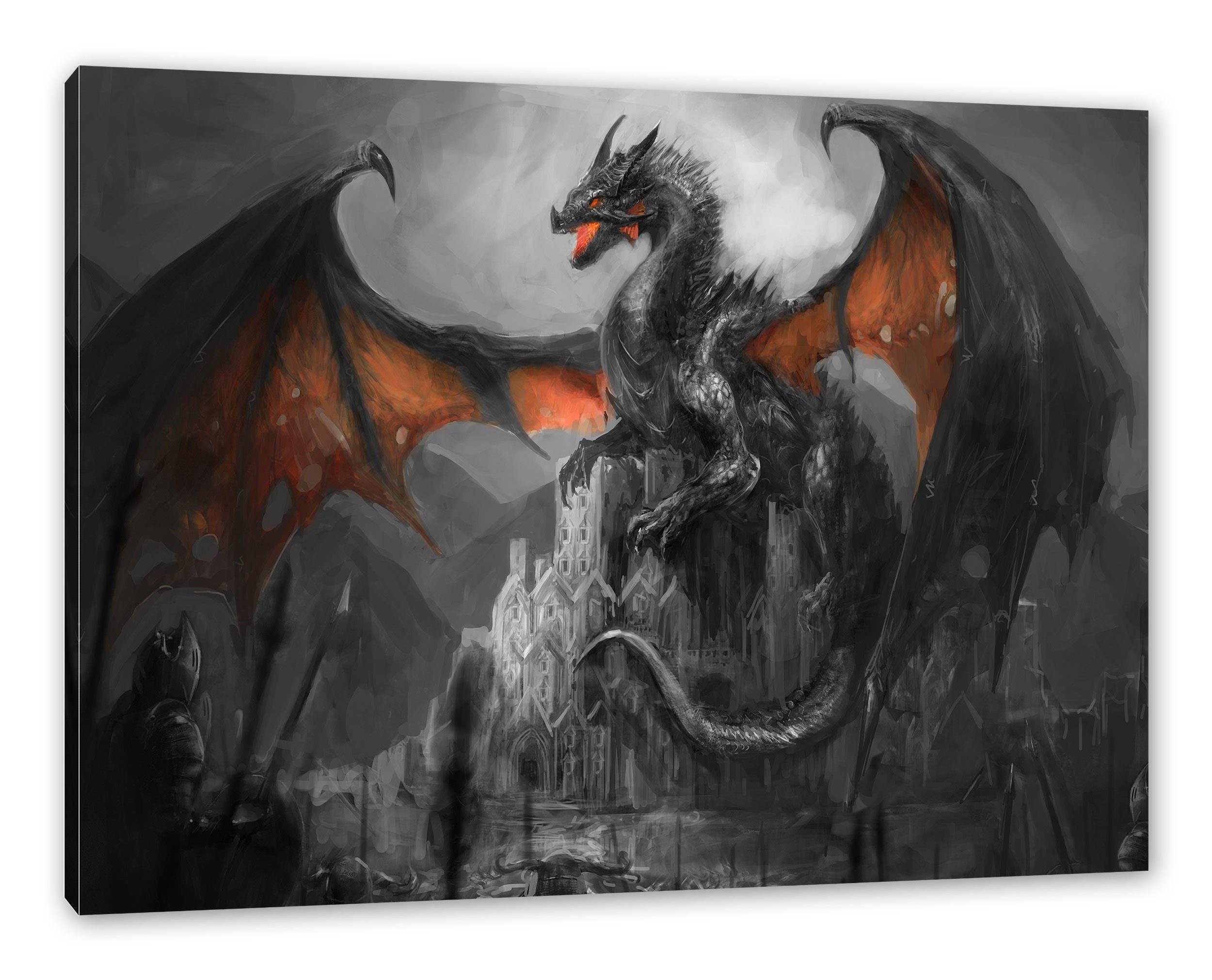 Pixxprint Leinwandbild Drache schützend über Burg, günstig online kaufen