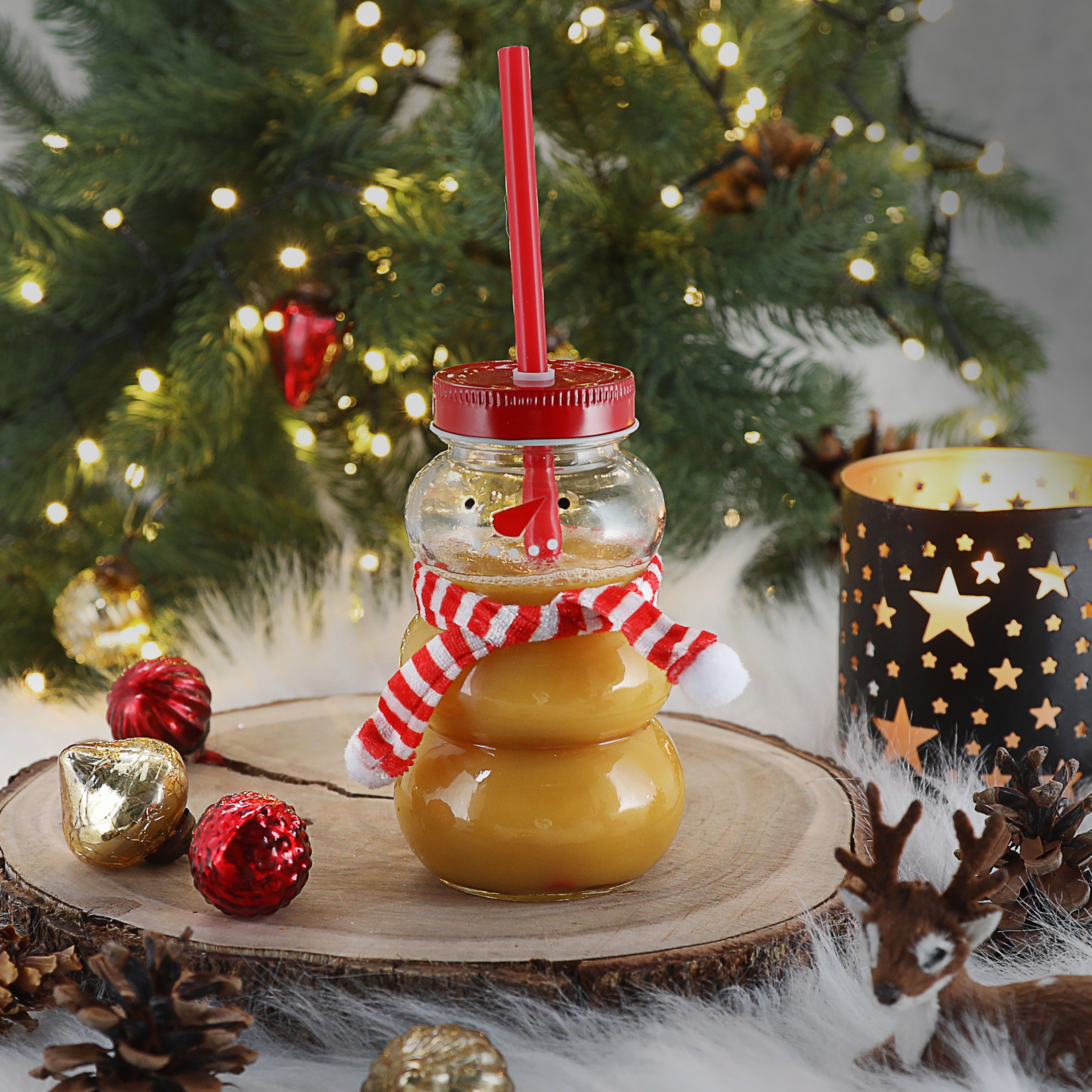 CEPEWA Deko-Glas Trinkglas Schneemann 6er Set Trinkhalm Ø7cm 260ml Motivglas mit Deckel, Glasdekoration
