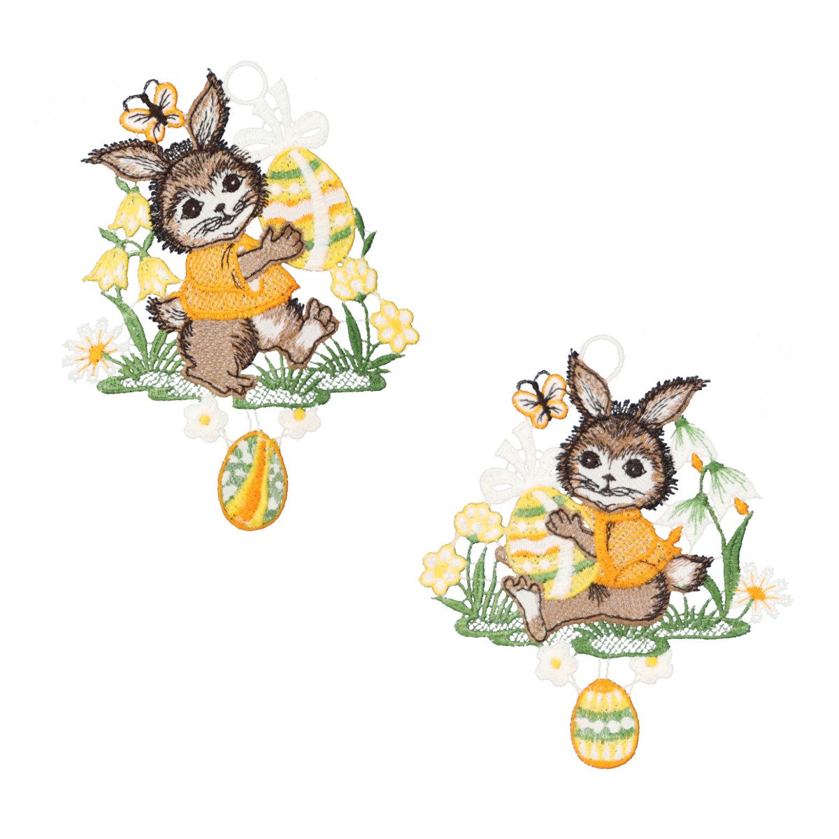 W. Reuter & Sohn - Plauener Spitze® Fensterbild Fensterbild "Osterhasen" 2er-Set, farbig, 13 x 15 cm, Plauener Spitze