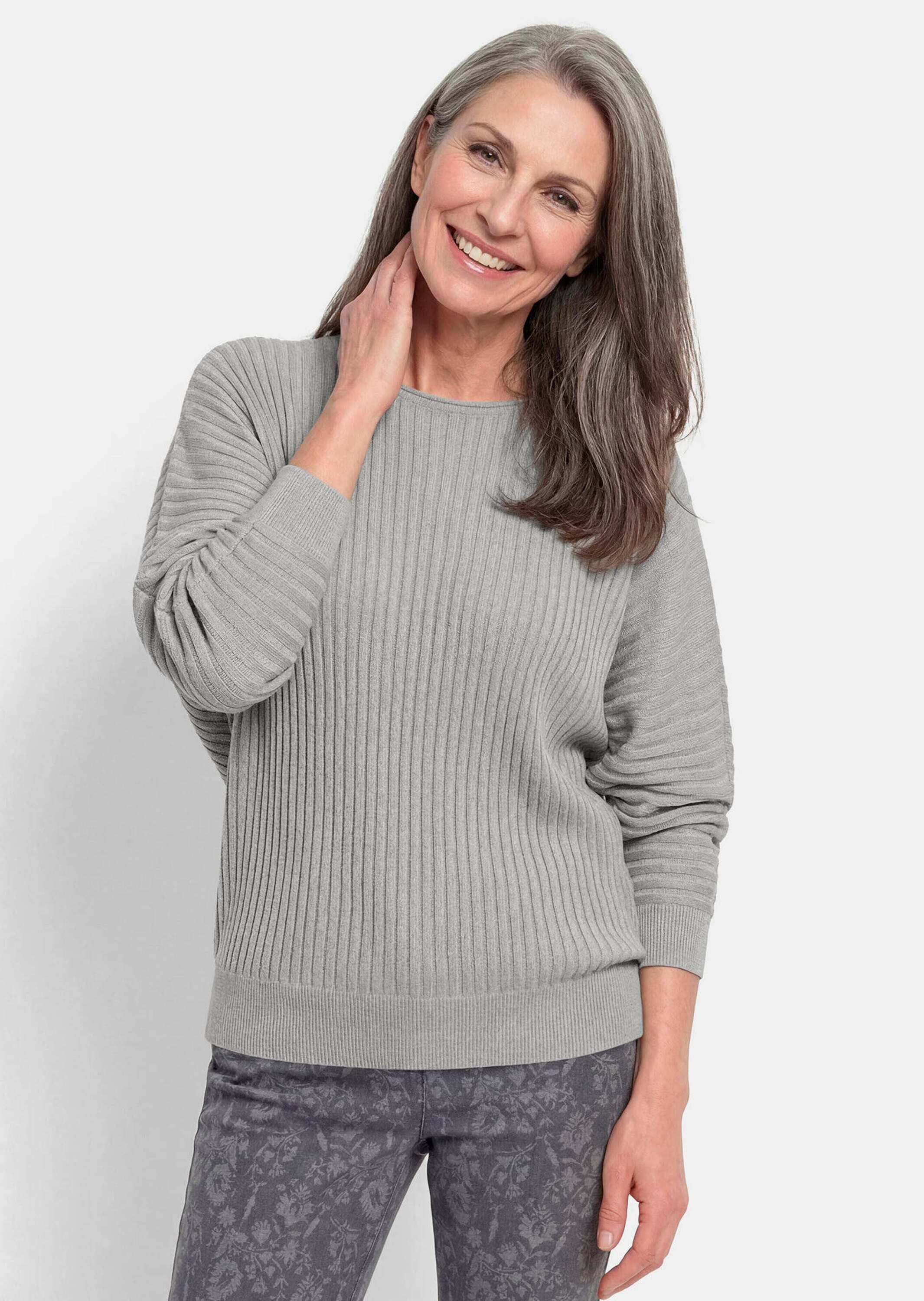 GOLDNER Strickpullover Rippenpullover mit U-Boot-Ausschnitt Weiter Strickpullover mit Fledermausärmeln und Glanzgarn