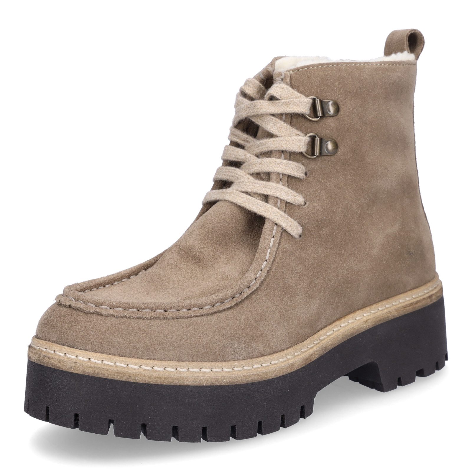 MIDS MOLLY Damen Schnürboots Velourleder Taupe mit Mokassinnaht, Bergsteigerösen & Kunstfellfutter