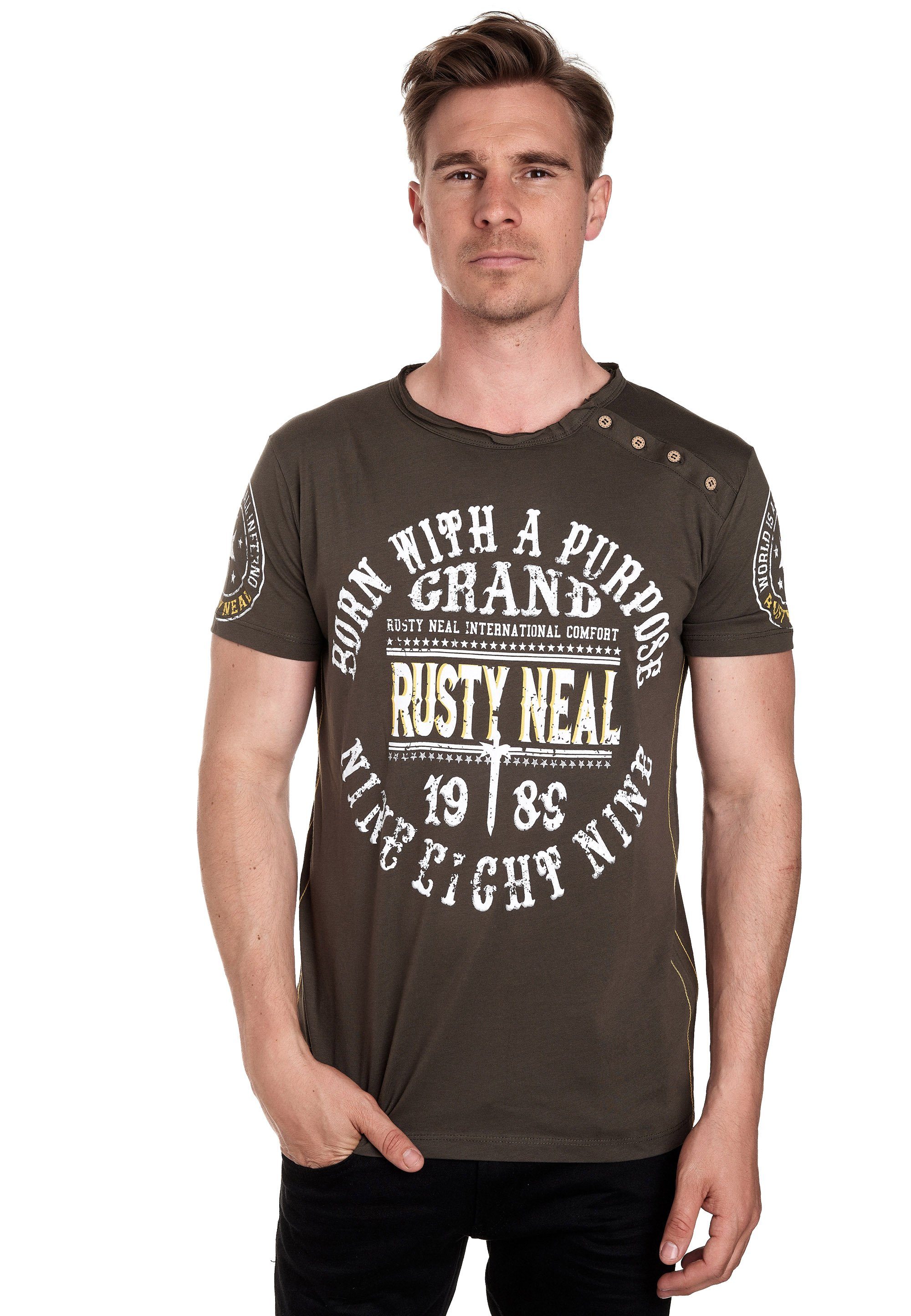 Rusty Neal T-Shirt mit seitlicher Knopfleiste khaki