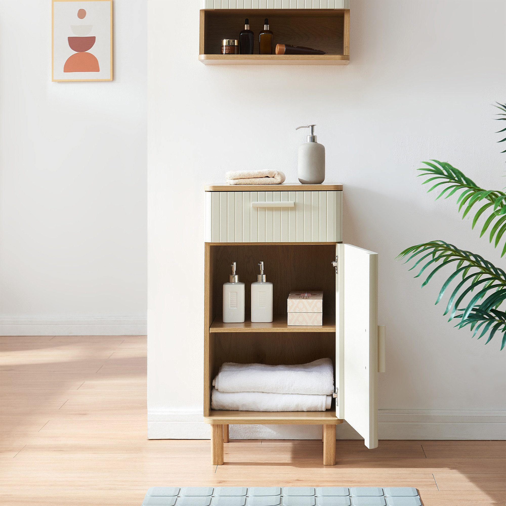en.casa Midischrank »Ferrersp« 80x40x35 cm 1 Tür und 1 Schublade Eicheoptik/Sandfarben