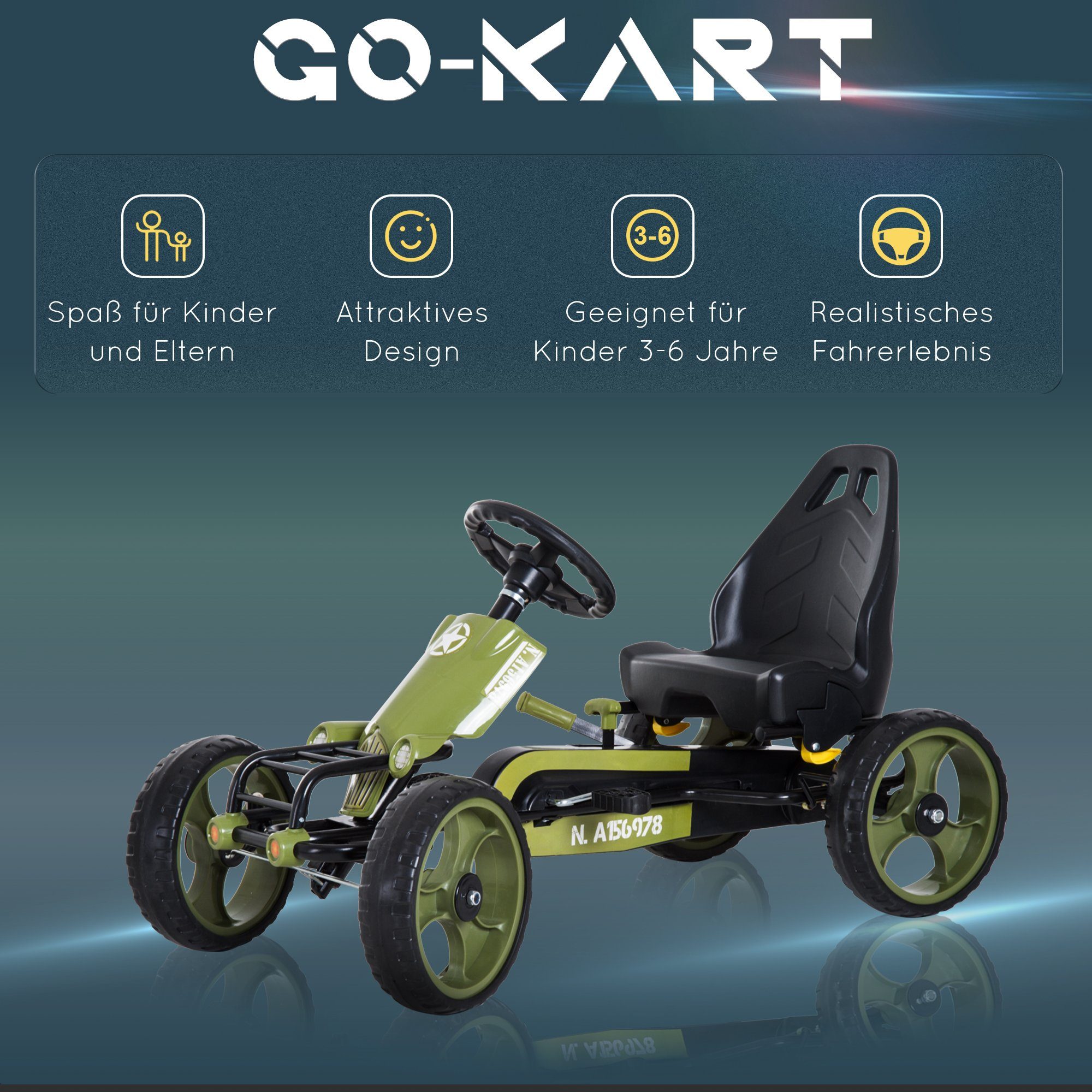 HOMCOM Go-Kart Tretauto Kinderfahrzeug mit Handbremse und verstellbarem Sitz, Grün 105 x 54 x 61cm – Bild 4 von 5