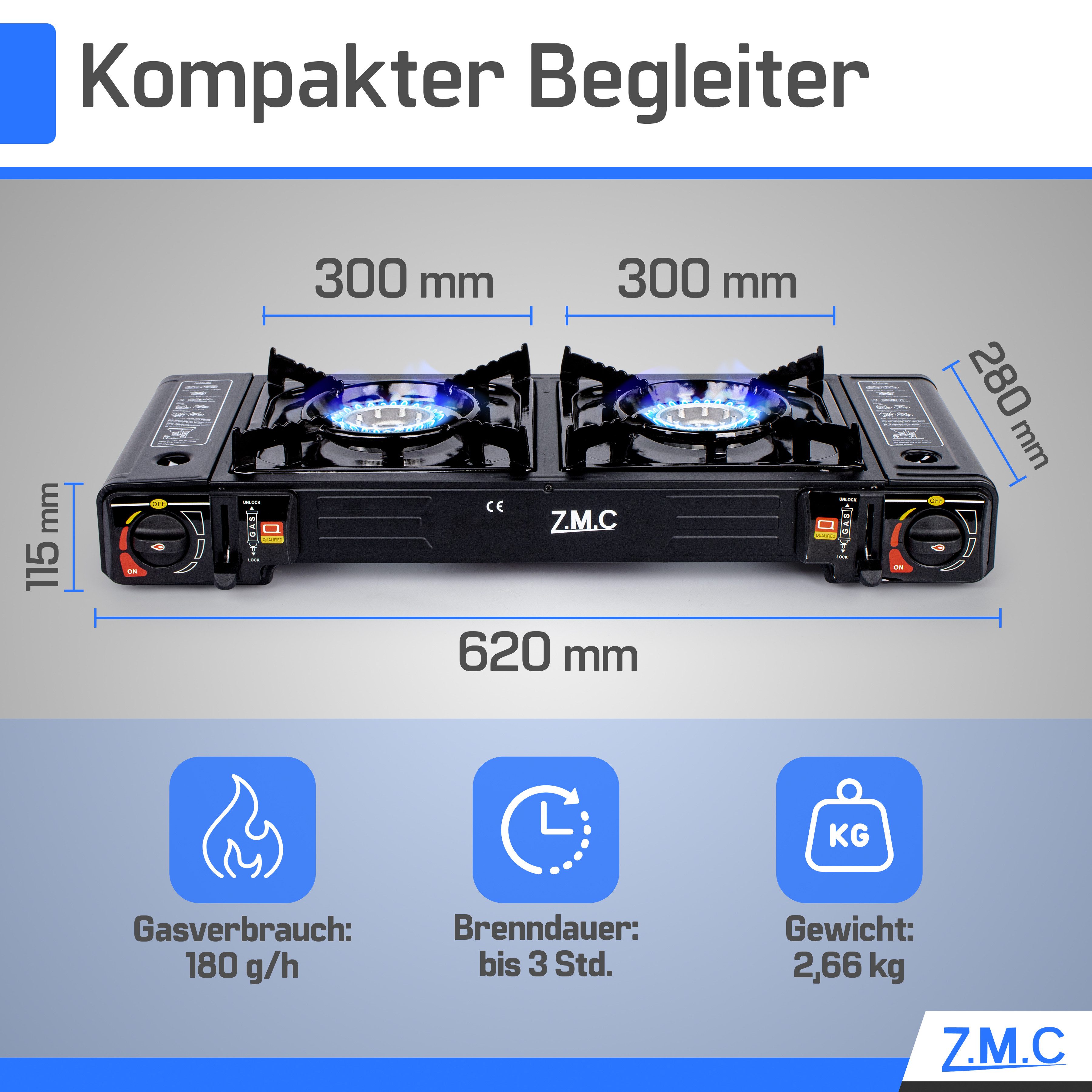 ZMC Gaskocher 2in1 Campingkocher mit Grillplatte 2 Flammig + 16x Gaskartuschen 227g, (mit Piezozündung Grill Platte Tischgrill Doppel Gasbrenner Gasgrill Kochfe – Bild 3 von 5