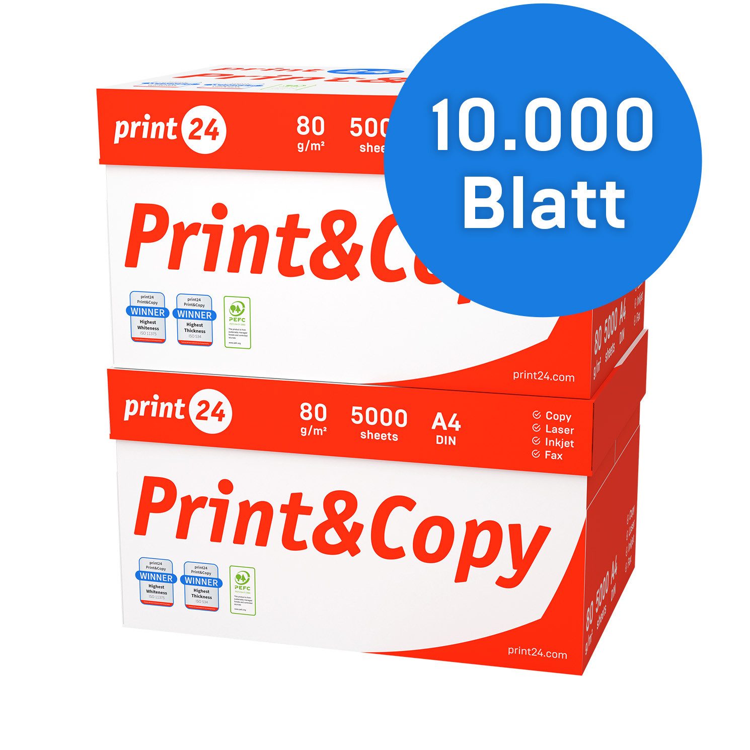 print24 Druckerpapier Kopierpapier 10000 Blatt A4 80g Premium Weiß PEFC zertifiziert