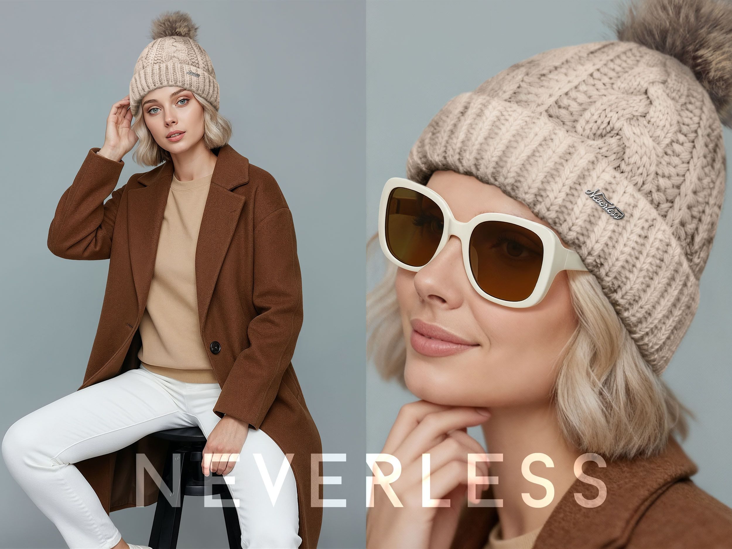 Neverless Bommelmütze Damen Strick-Mütze gefüttert Fell-Bommel Kunstfell Winter-Mütze