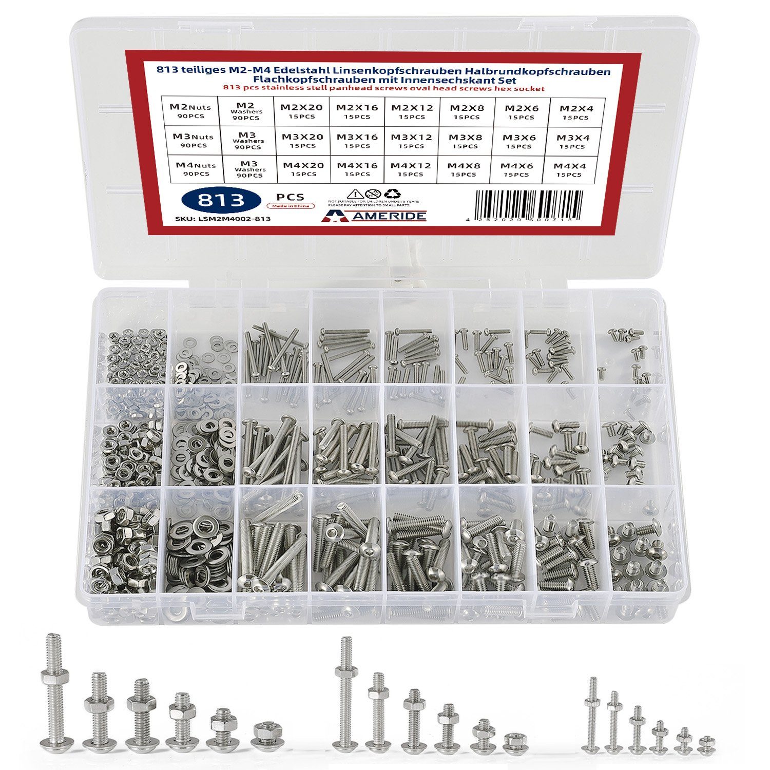 Schrauben-Set, St), Linsenkopfschrauben Silber Innensechskant 813pcs Edelstahl Set (813 Natsen M2-M4