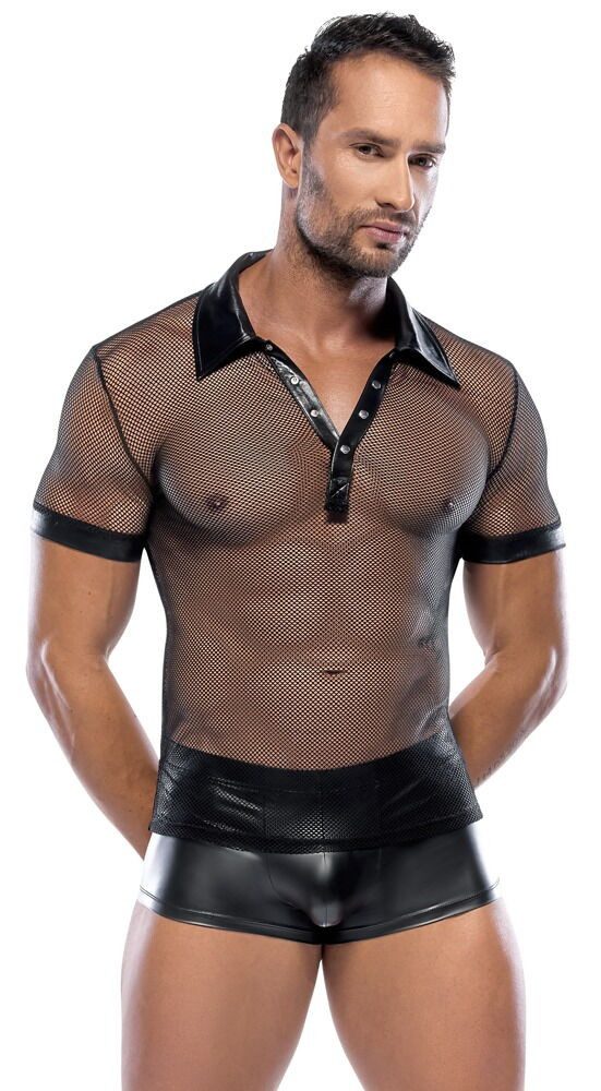 Svenjoyment Muskelshirt Transparentes Netz-Shirt mit Wetlook Polo-Kragen - schwarz (1-tlg) maskulines Hemd für erotische Augenblicke