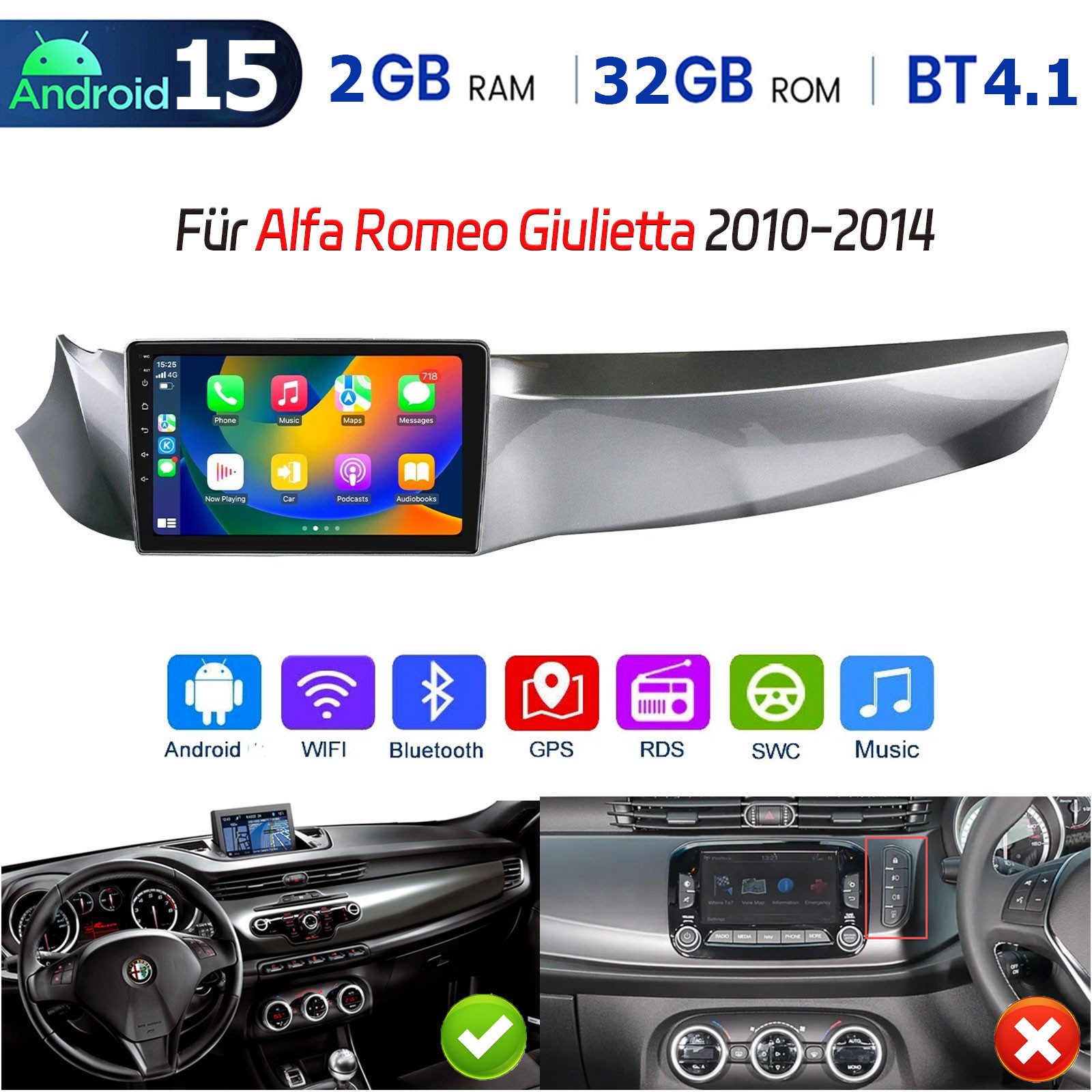 ESSGOO Für Alfa Romeo Giulietta 2010-2014 Carplay Android 15 GPS NAVI BT WIFI Autoradio (DAB+ (optional), DAB (optional), 4+64GB(optional), RDS, AM, FM, Apple Carplay Android Auto GPS Navi WIFI BT EQ)