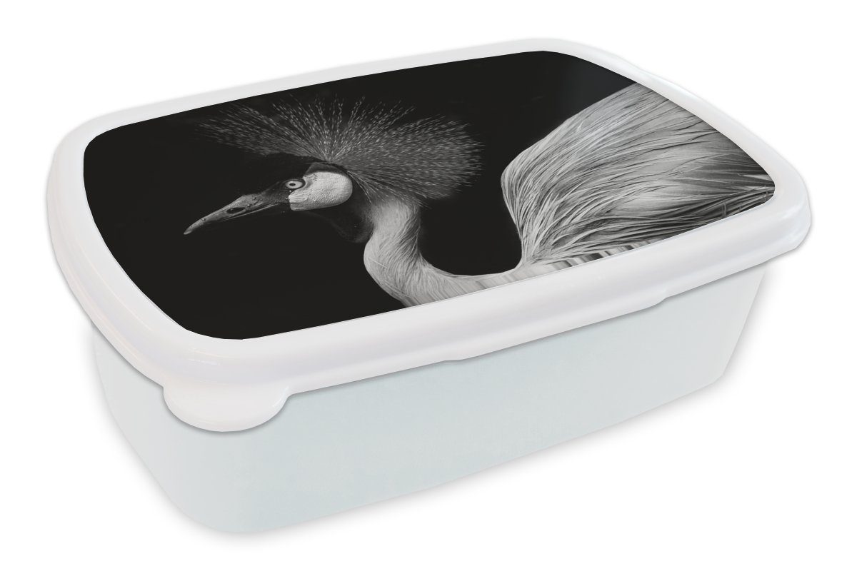 MuchoWow Lunchbox Kranich - Schwarz - Weiß - Vogel - Tiere, Kunststoff, (2-tlg), Brotbox für Kinder und Erwachsene, Brotdose, für Jungs und Mädchen