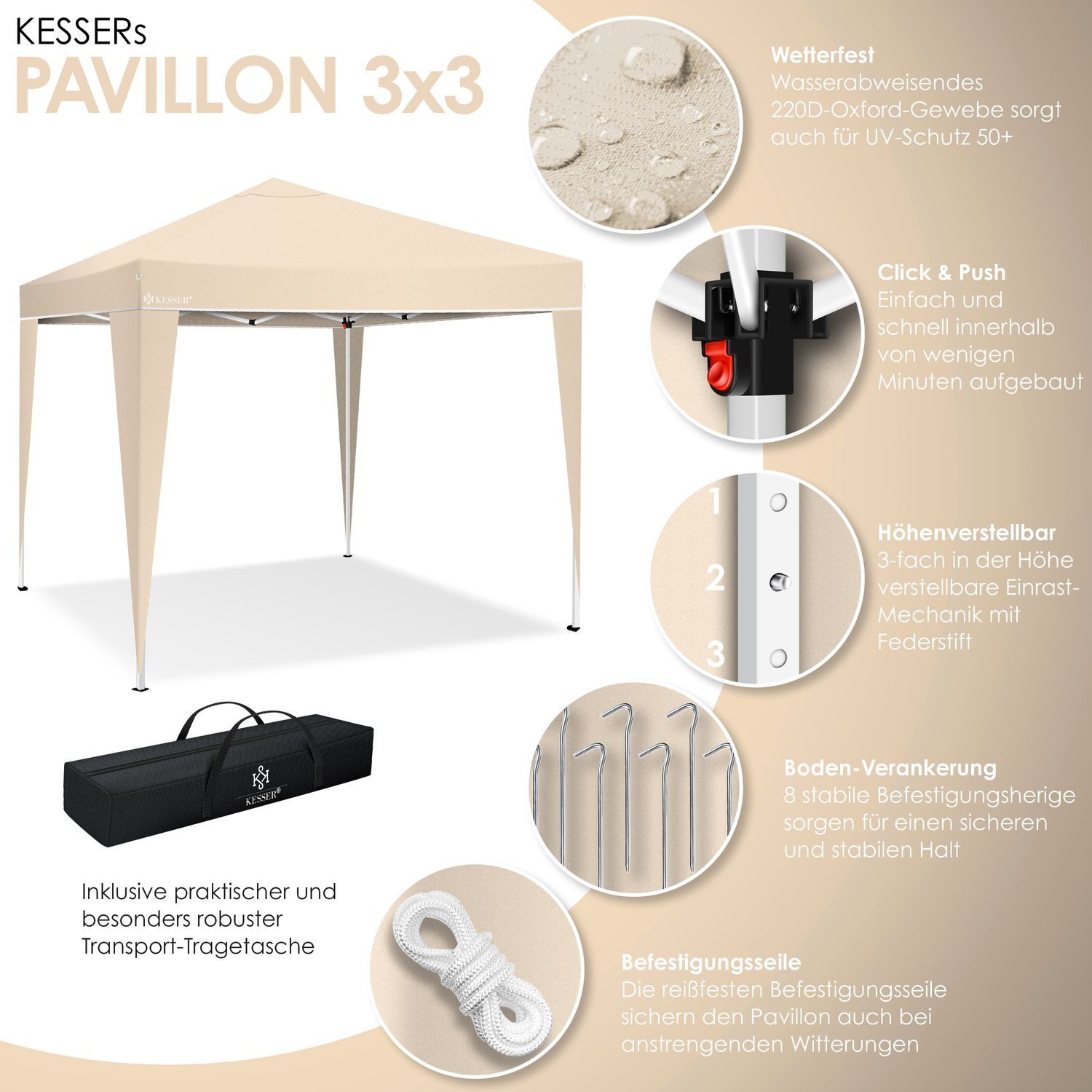 KESSER Pavillon, Pavillon 3x3m wasserdicht inkl. Tasche Pop-Up Klicksystem