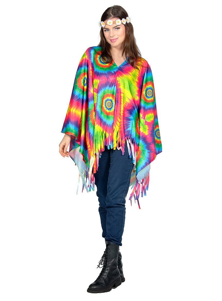 Metamorph Kostüm Regenbogen Batik Poncho, In psychedelischen Farben bedruckter Überwurf mit Fransen