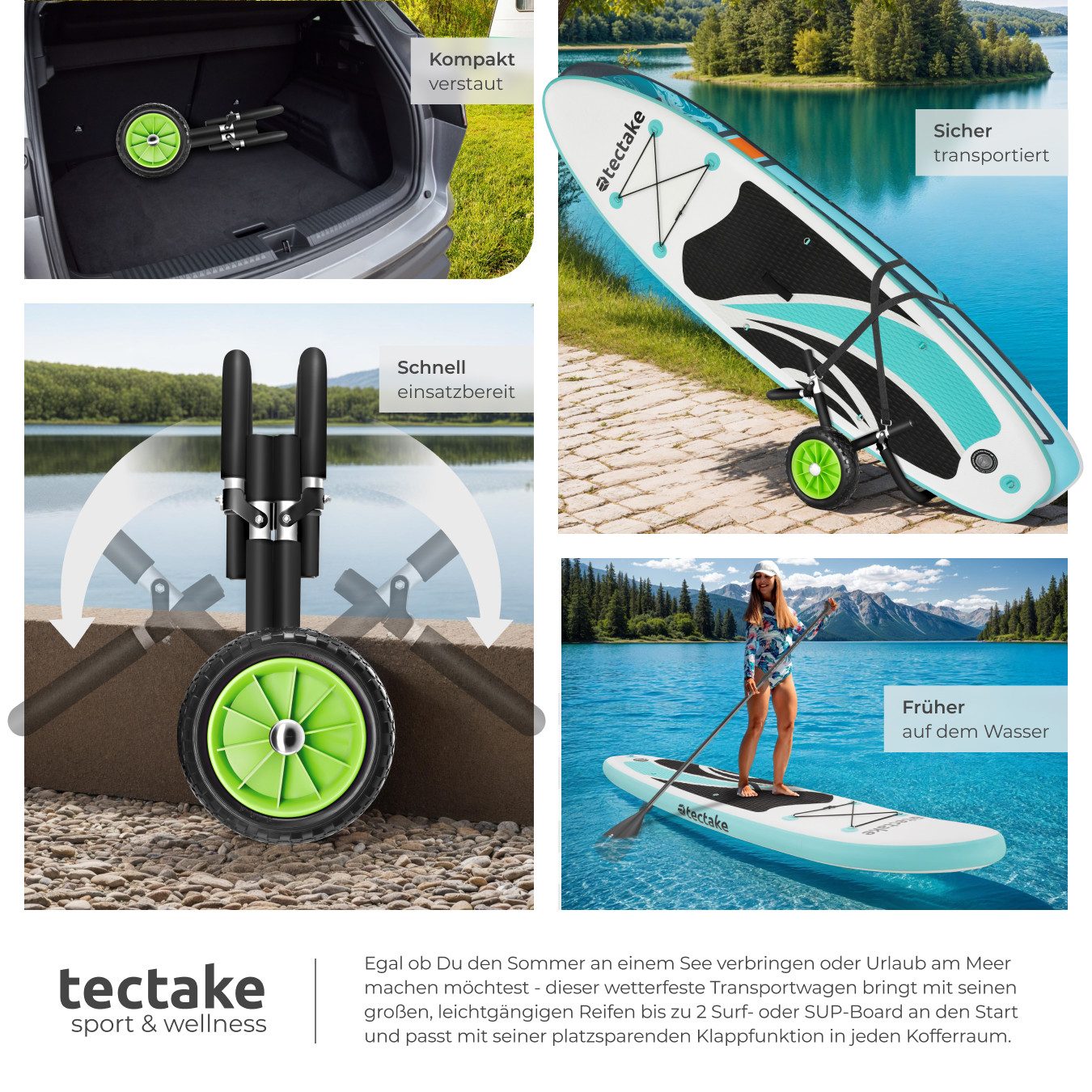 tectake SUP-Transportwagen Surfboard Transportwagen klappbar, 62 x 53 x 49 cm, (Paddel Board Transportwagen WaveWheel, inkl. 2 Sicherungsgurte in schwarz/grün), – Bild 4 von 5