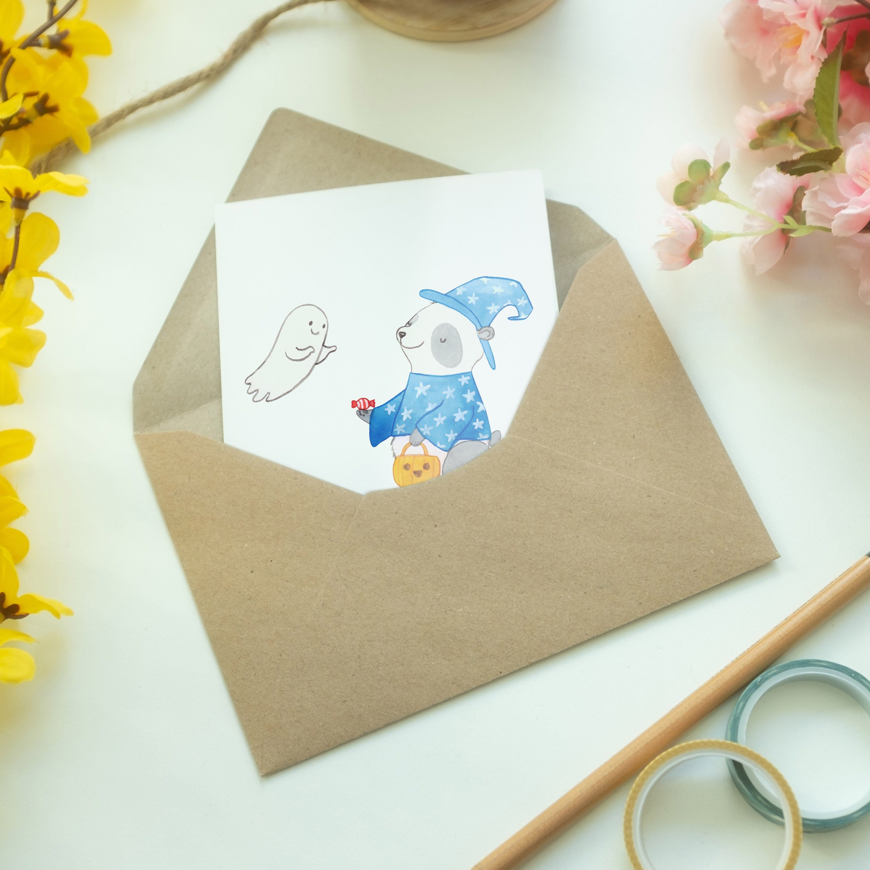 Mr. & Mrs. Panda Grußkarte Panda Zauberer - Weiß - Geschenk, Glückwunschkarte, Halloween, Klappk