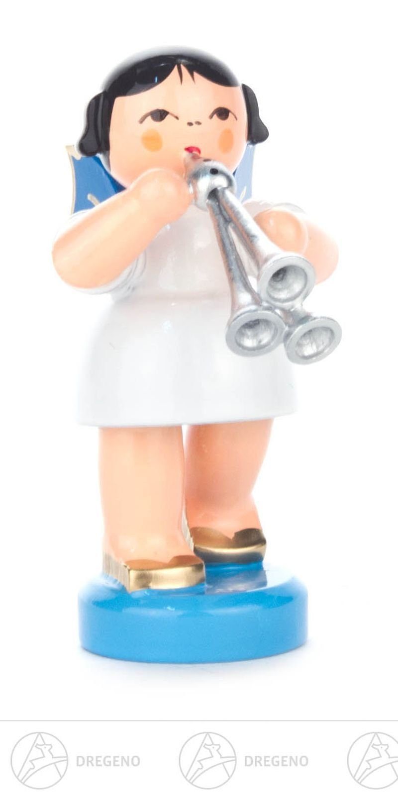 Dregeno Erzgebirge Engelfigur Engel mit Schalmei stehend, blaue Flügel Höhe ca 5,5 cm NEU