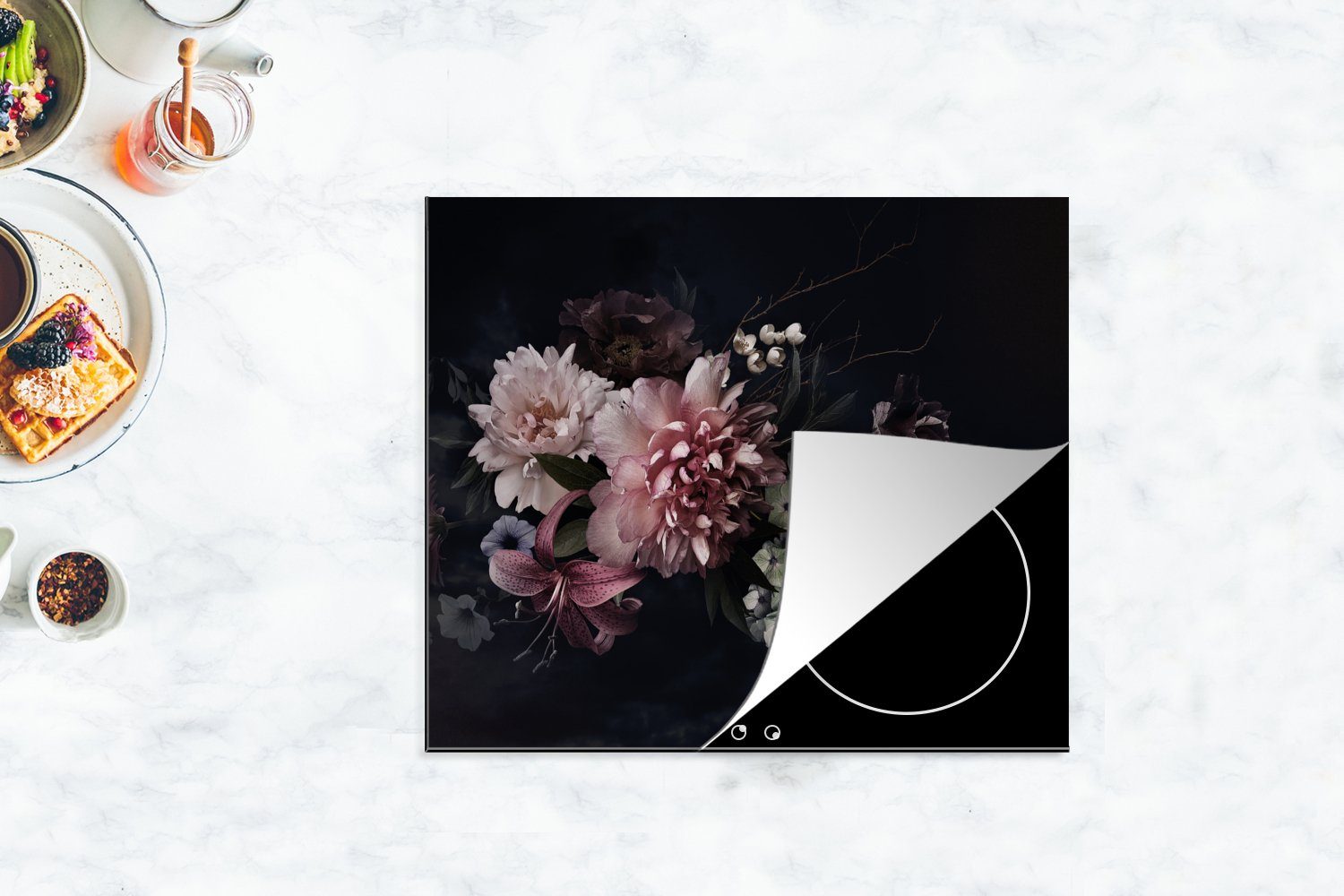 Arbeitsfläche - 60x52 nutzbar, Herdblende-/Abdeckplatte MuchoWow tlg), - - cm, Weiß, - (1 Pastell Vinyl, Vintage - Mobile Rosa Blumen Blumen Pastell Ceranfeldabdeckung