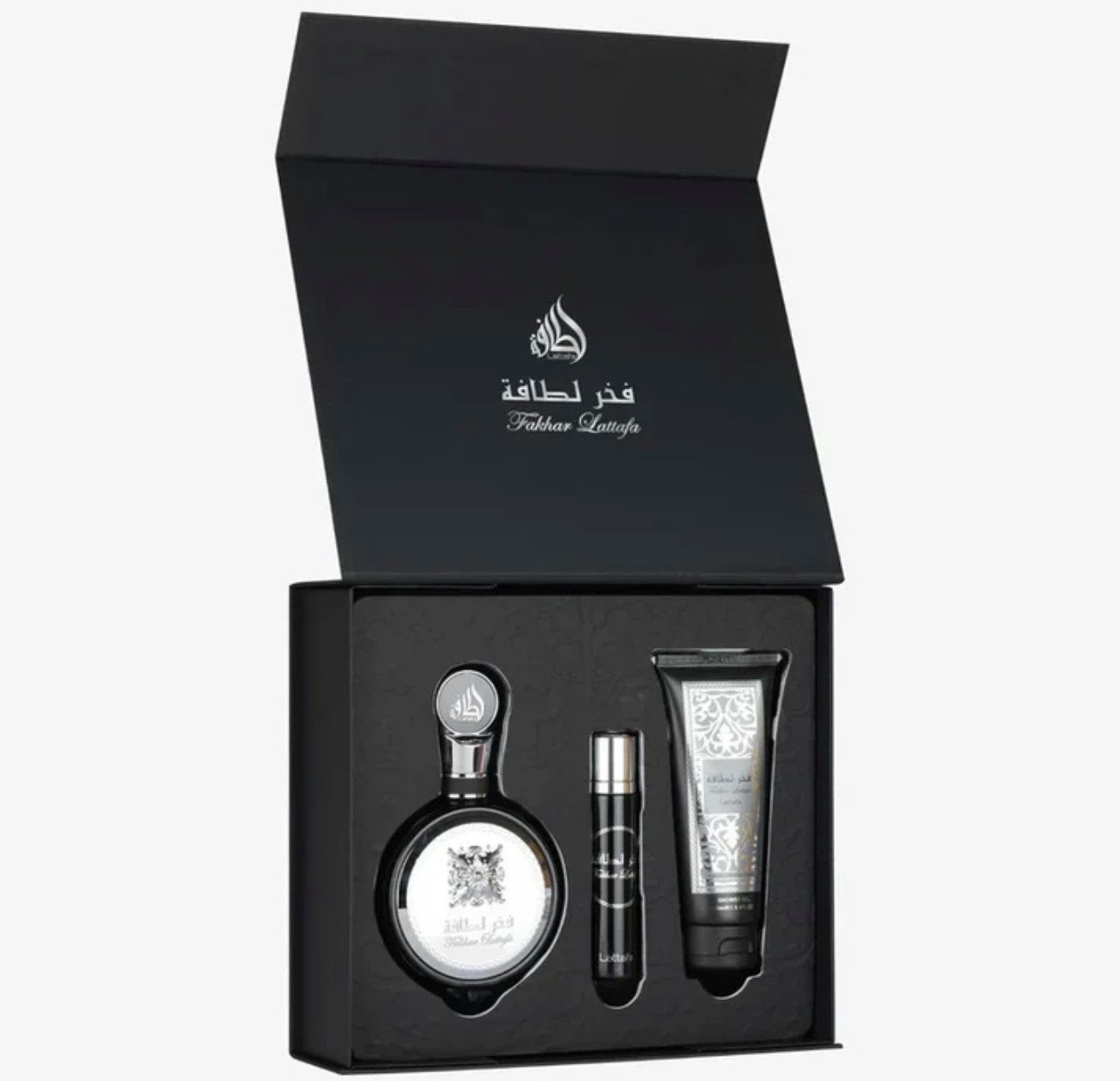 Lattafa Eau de Parfum Fakhar Man Gift Set, Geschenk, Herrenduft, 3-tlg., Parfum 100ml, Reiseduft 12ml, Shower Gel 100ml