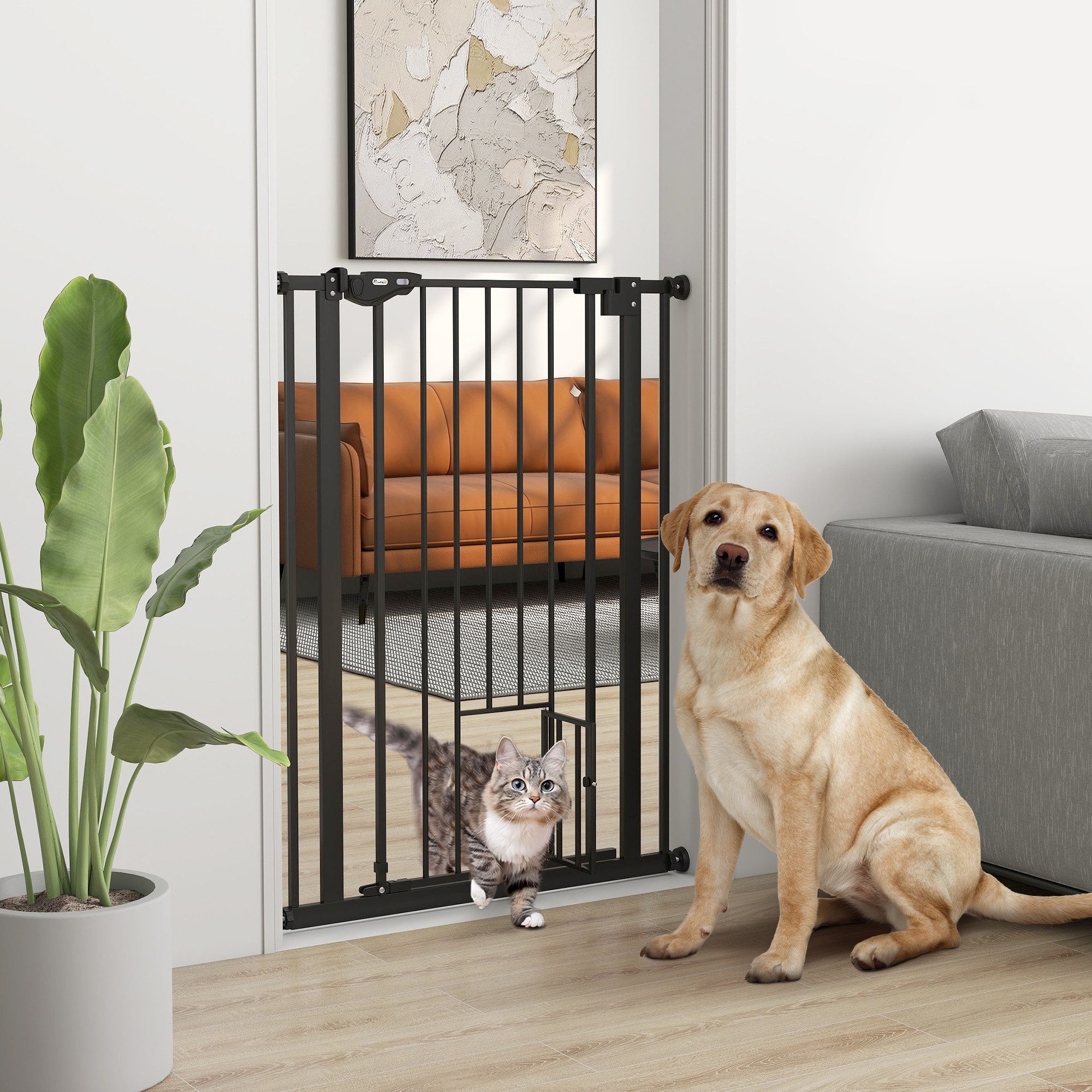 PawHut Hundegitter Türschutzgitter Ohne Bohren mit Auto-Close, Einhand Öffnung (Absperrgitter, 1 St., Türschutzgitter), für Garten, Balkon, Schwarz
