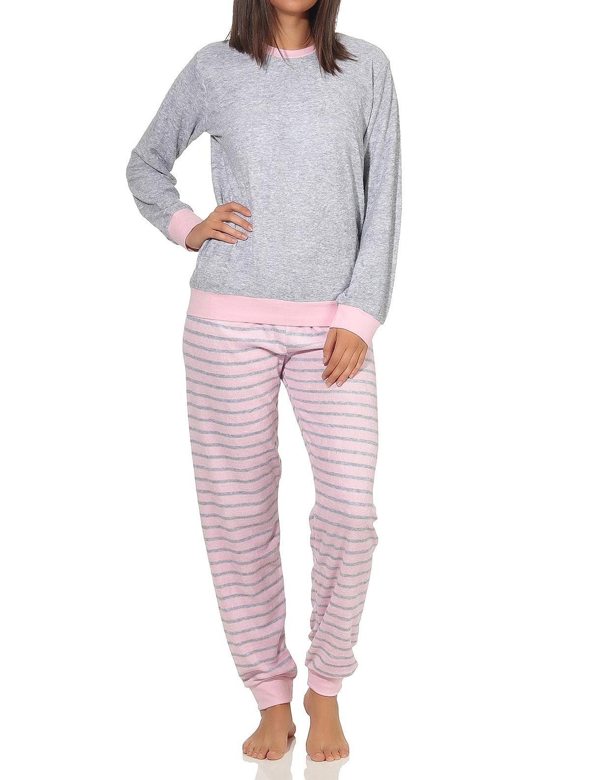 Normann Pyjama Damen Frottee Pyjama langarm mit Bündchen und Pinguin Stickerei