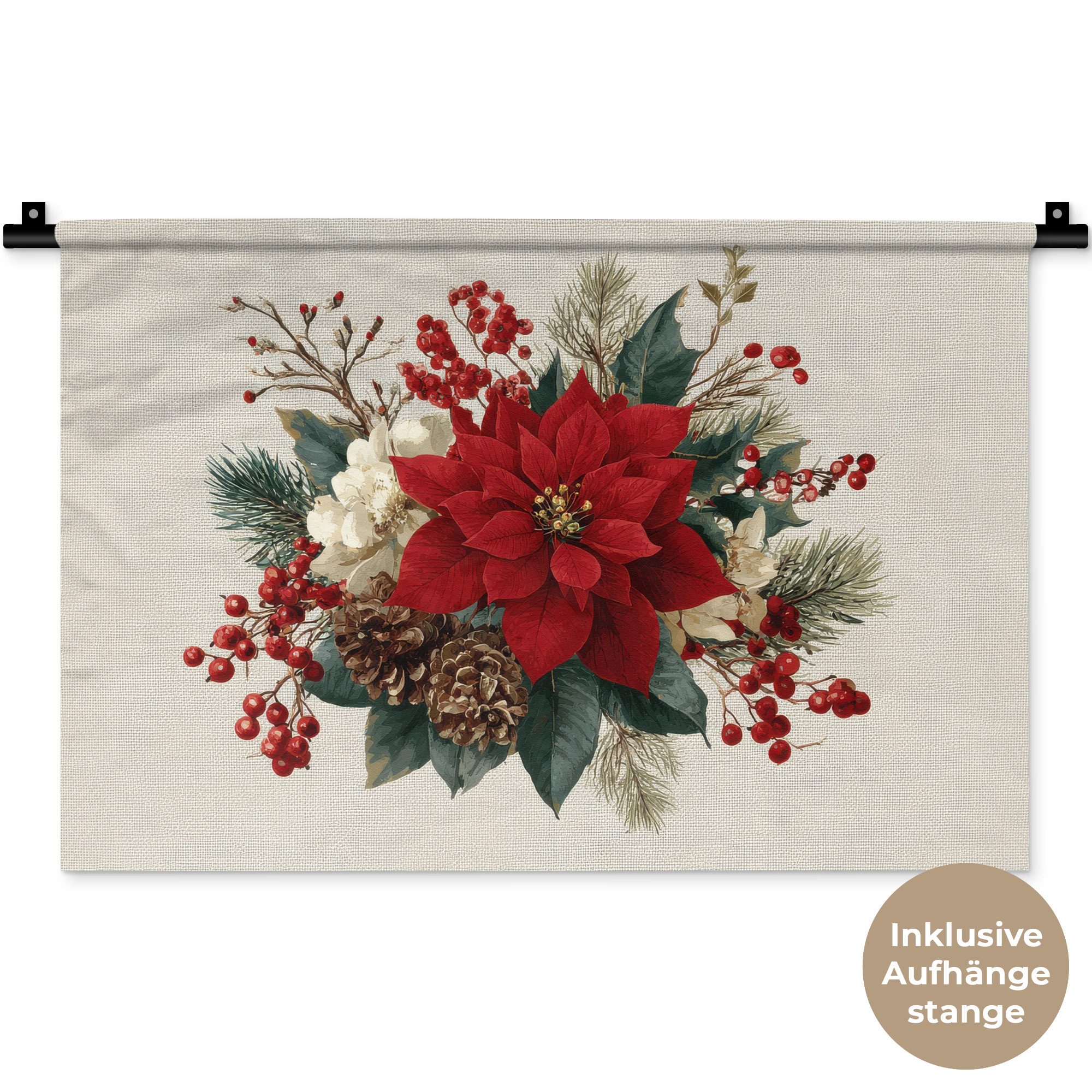 MuchoWow Wandteppich Weihnachtsgesteck - Weihnachtsstern - Tannenzapfen - Rot, Rechteckig, Höhe: 3 mm, Wandteppich für Wohnzimmer, Schlafzimmer, 60x40 cm