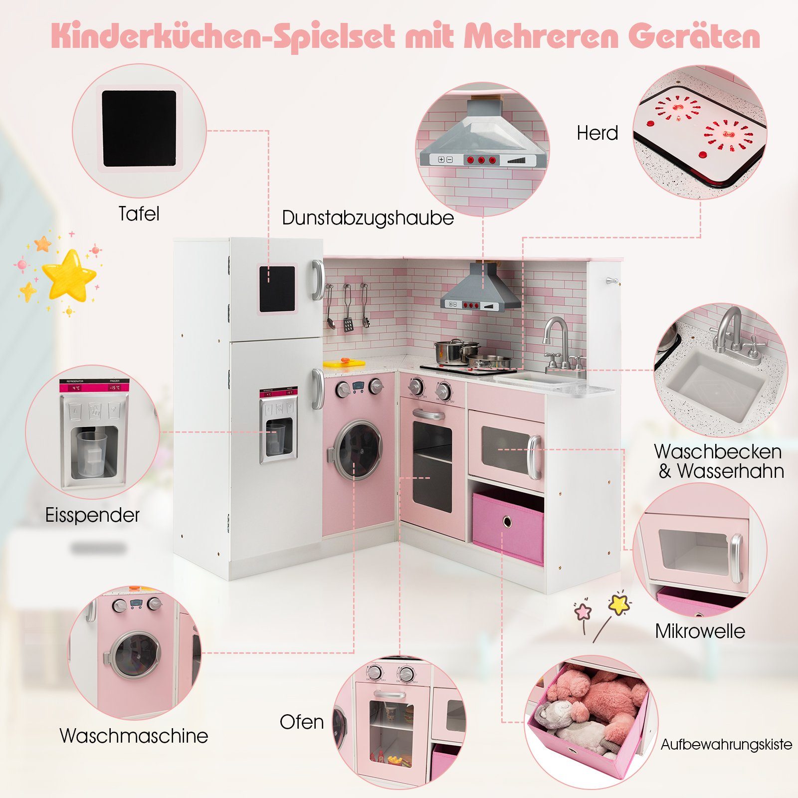 COSTWAY Spielküche Kinderküche holz, mit Sound und Licht, inkl. Spielzubehör