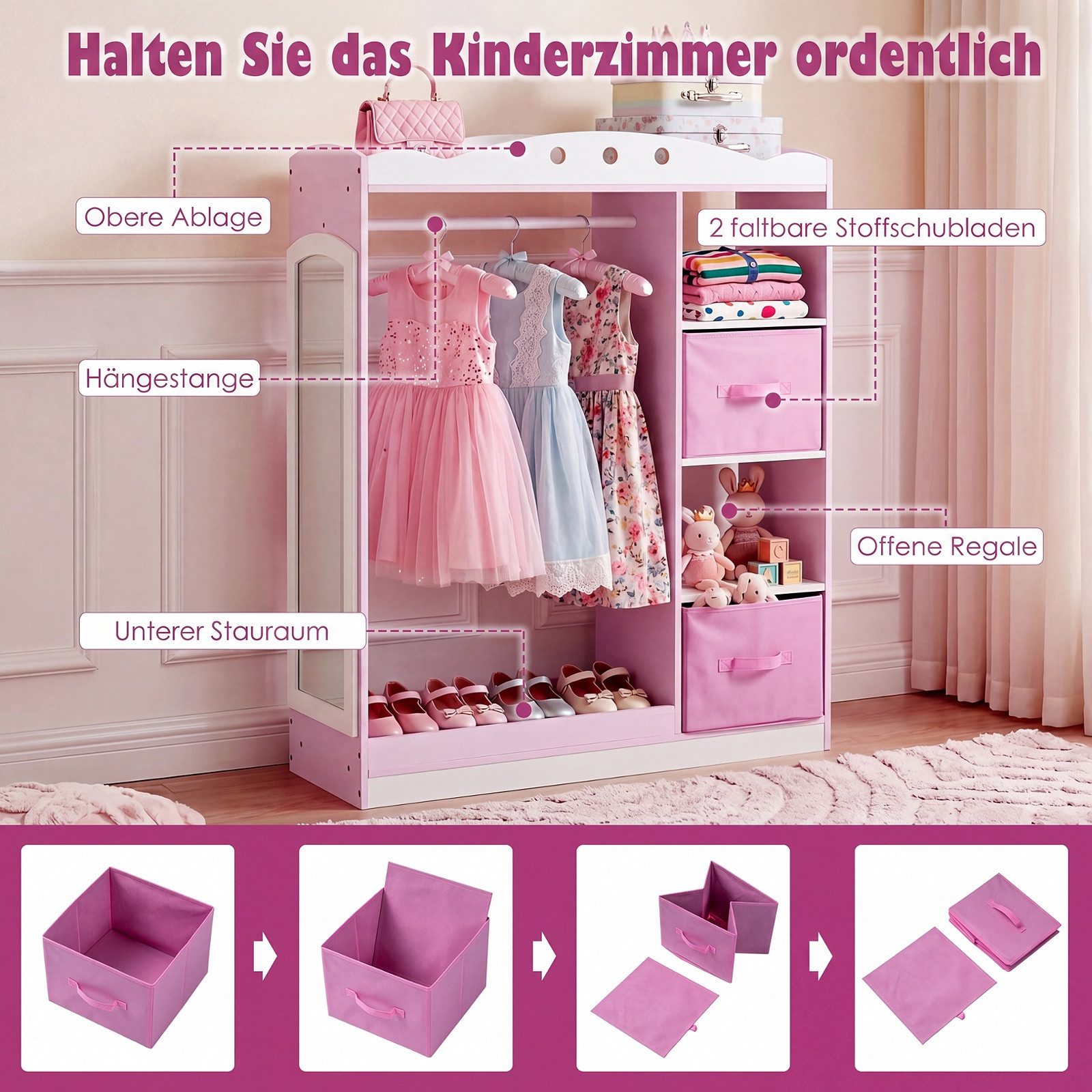 COSTWAY Kleiderständer, Kindergarderobe mit Spiegel, Garderobe Prinzessin
