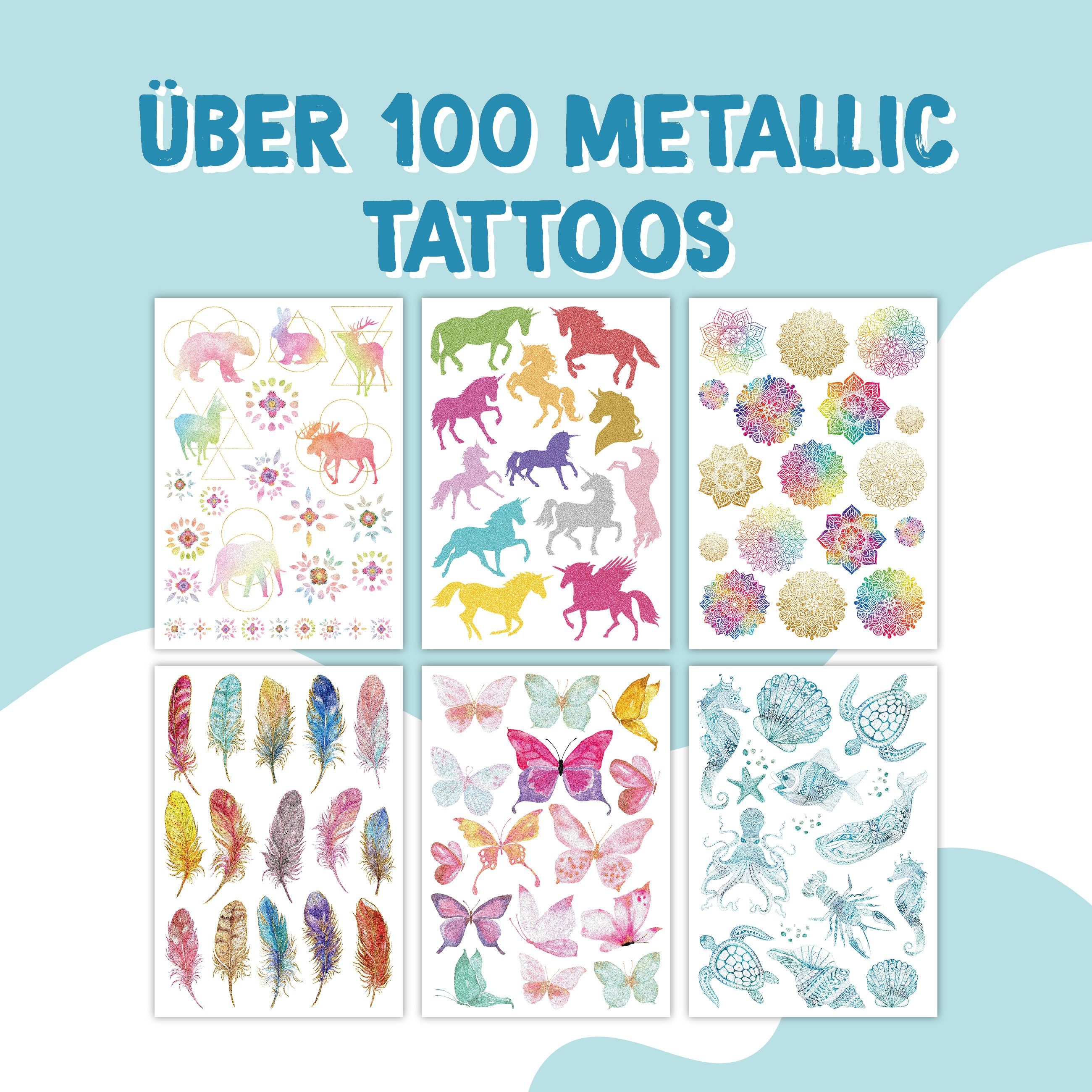 PAPIERDRACHEN Kindertattoo 100 Metallic-Tattoos zum Aufkleben - Hautfreundliche Kindertattoos