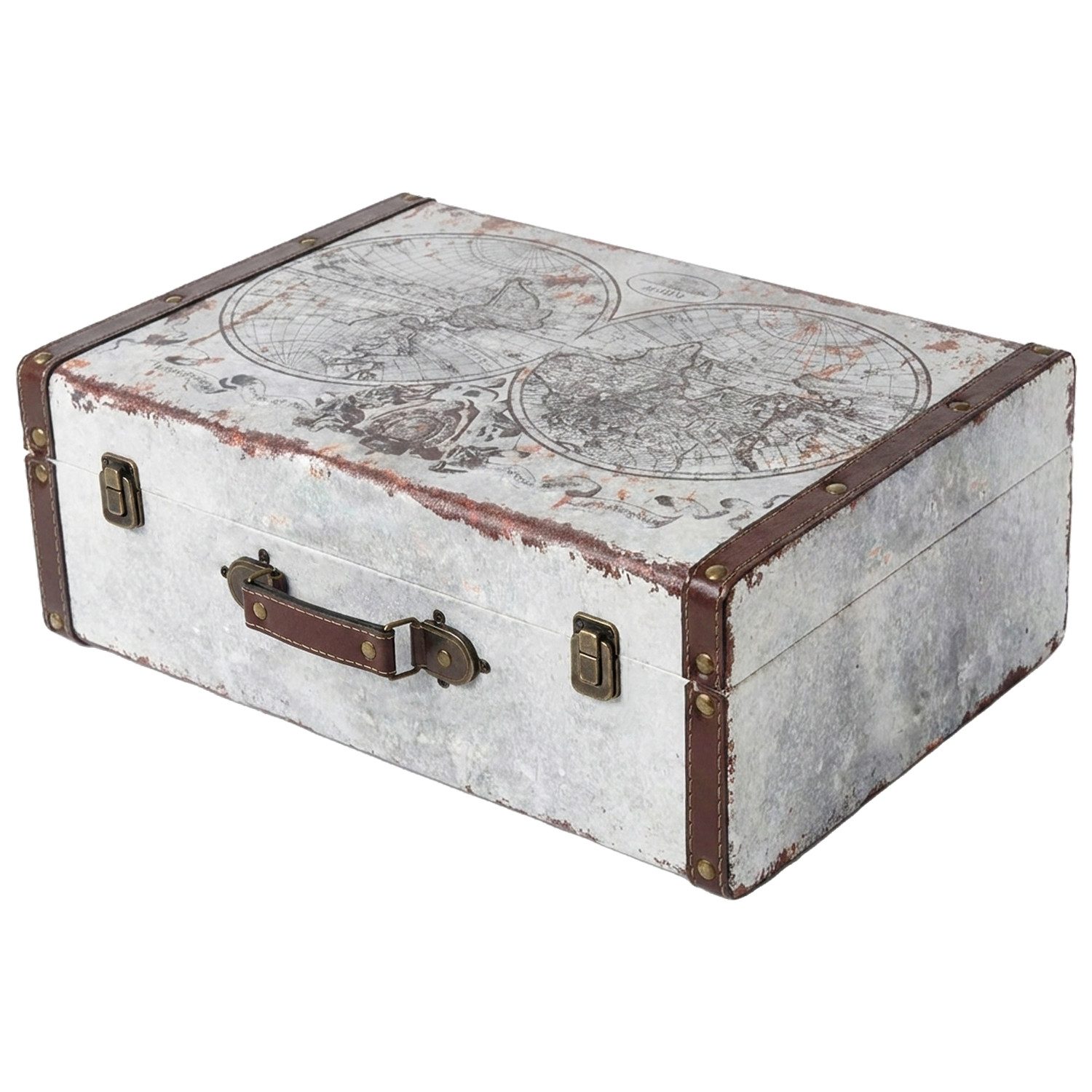 HMF Aufbewahrungsbox Vintage Koffer Holz, Aufbewahrungsbox mit Deckel und Ledergriff als, Geschenkidee für Hochzeit oder Geburtstag, Weltkarte, 44 x 32 x 16 cm
