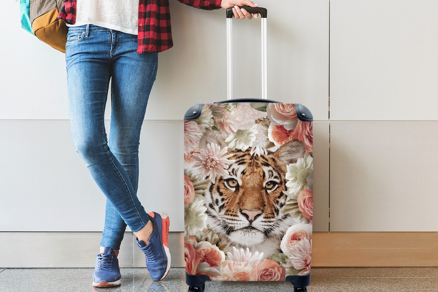 MuchoWow Handgepäckkoffer Tiger - für - Ferien, Handgepäck Reisekoffer Porträt, rollen, Rollen, 4 mit Blumen Reisetasche Trolley