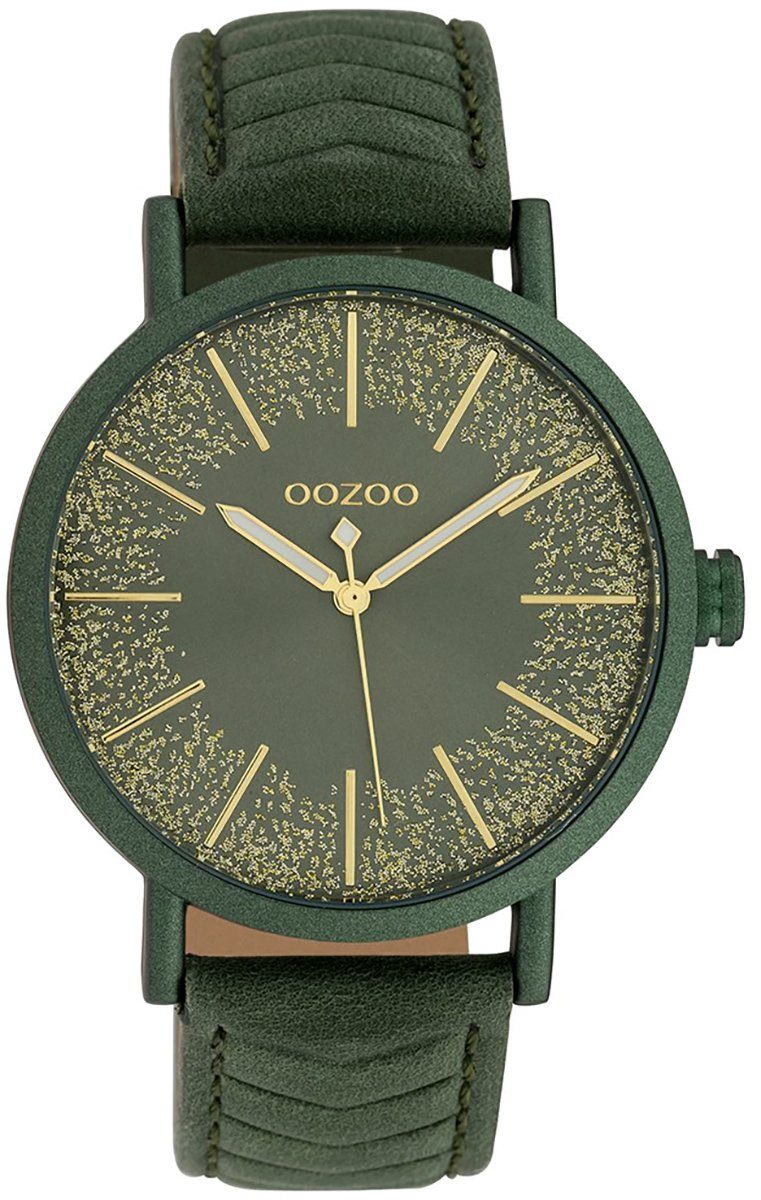 OOZOO Quarzuhr Oozoo Damen-Uhr grün gold, (Analoguhr), Damenuhr rund, groß (ca. 42mm), Lederarmband grün, Fashion