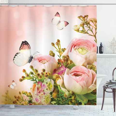 Abakuhaus Duschvorhang Moderner Digitaldruck mit 12 Haken auf Stoff Wasser Resistent Breite 175 cm, Höhe 180 cm, Schmetterling Blühende Feminine Roses