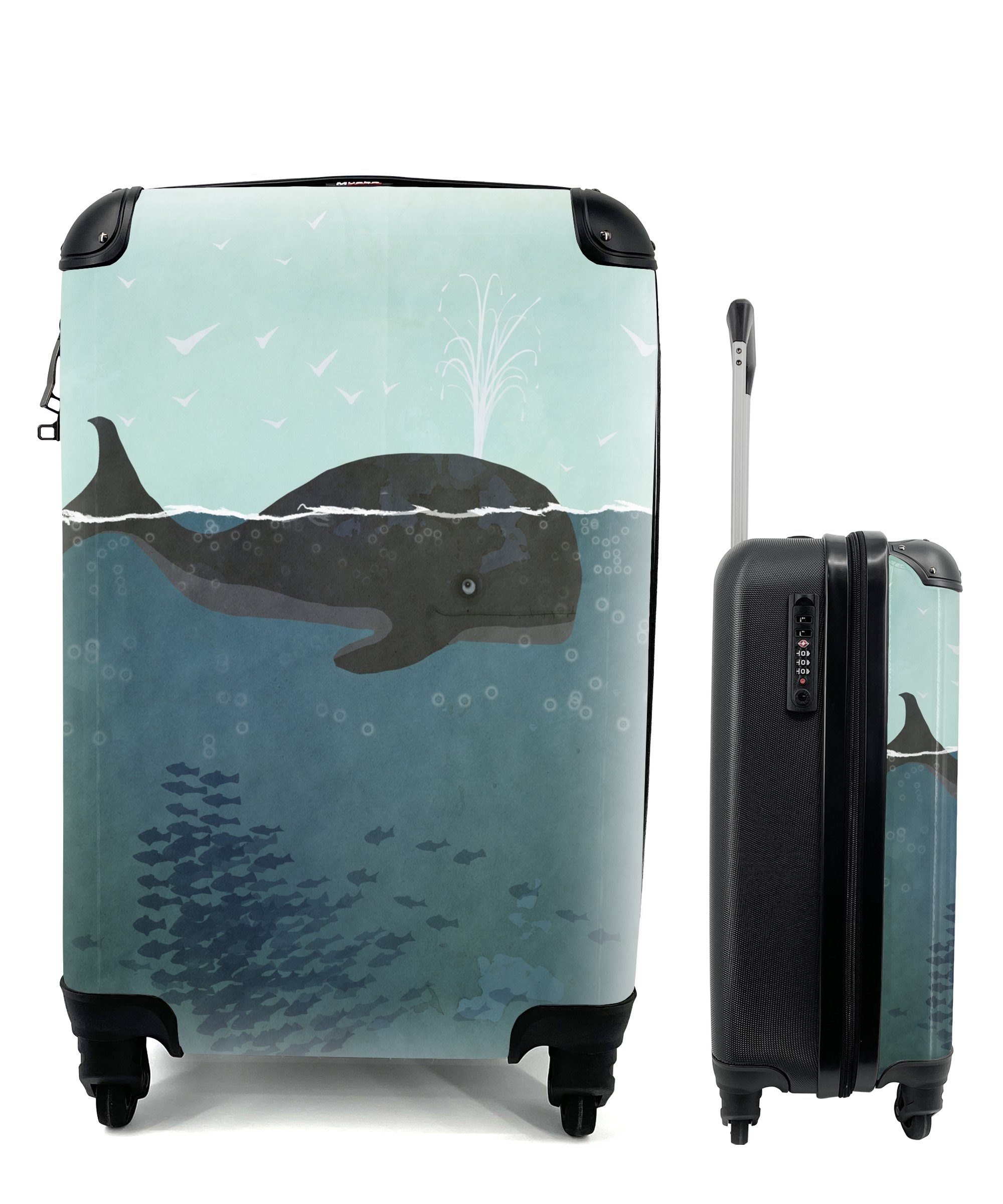 MuchoWow Handgepäckkoffer Eine Illustration eines Wals und einer Unterwasserwelt, 4 Rollen, Reisetasche mit rollen, Handgepäck für Ferien, Trolley, Reisekoffer