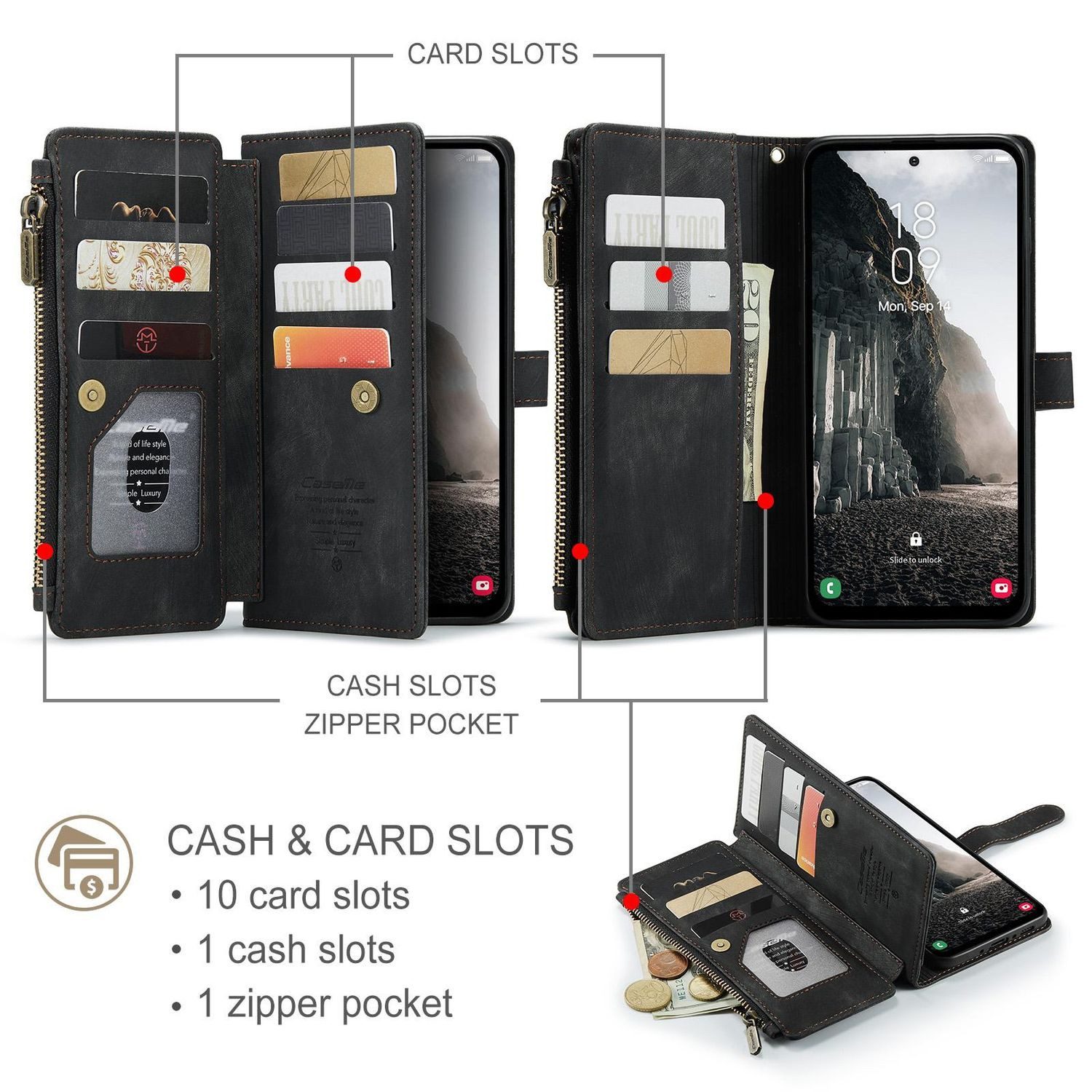 CaseMe Handyhülle Für Samsung Galaxy A56 / A36 Kunstleder Multifunktion Tasche Schwarz, Kunst-Leder Schutz Tasche Smart Case Multifunktion