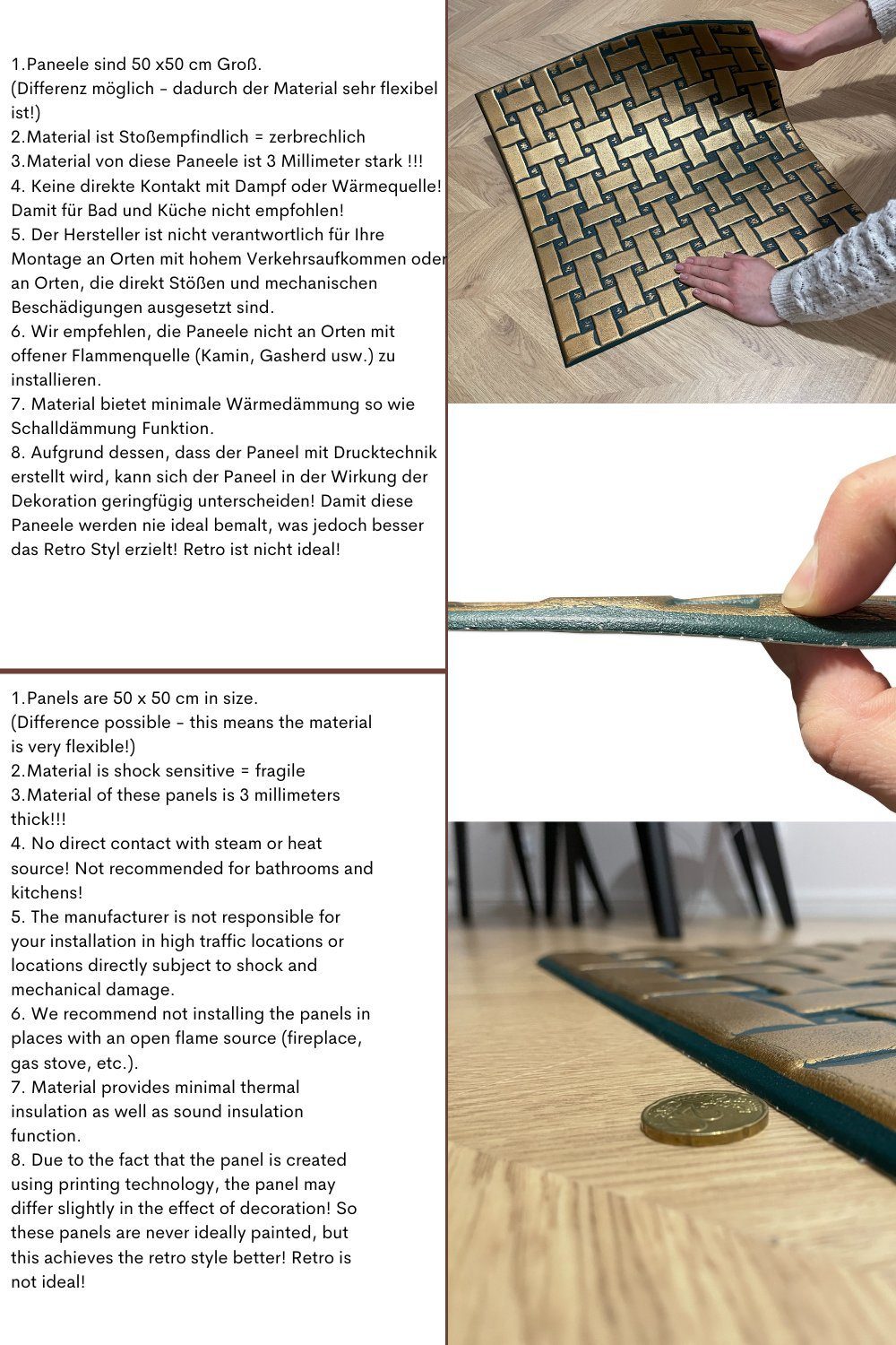 IKHEMalarka 3D Wandpaneel aus Polystyrol Styropor XPS, BxL: 50,00x50,00 cm, 0,25 qm, Paneelen für Wand & Decken 50x50cm