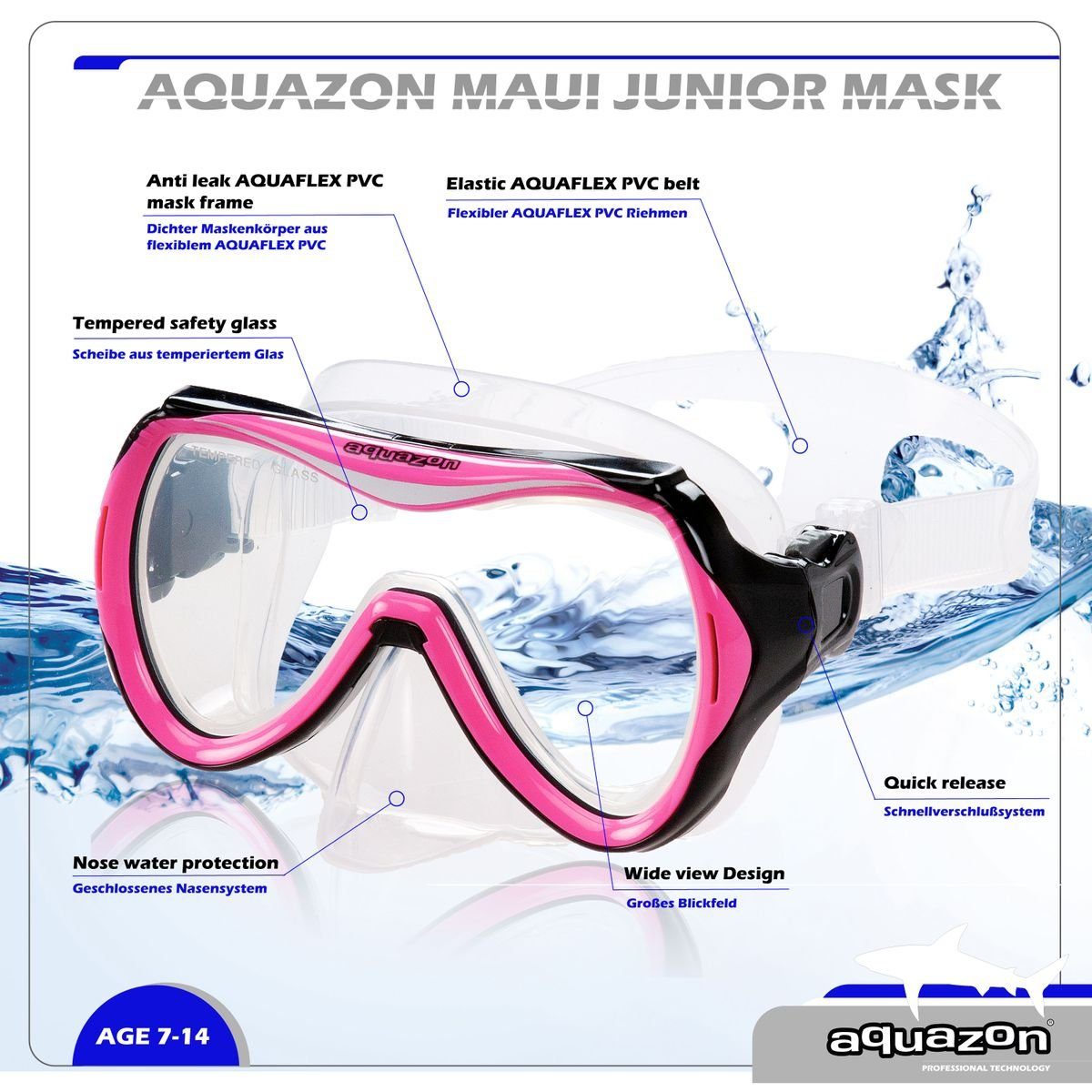 7-14 años Aquazon Beach junior schnorchelbrille mascarilla Pink 