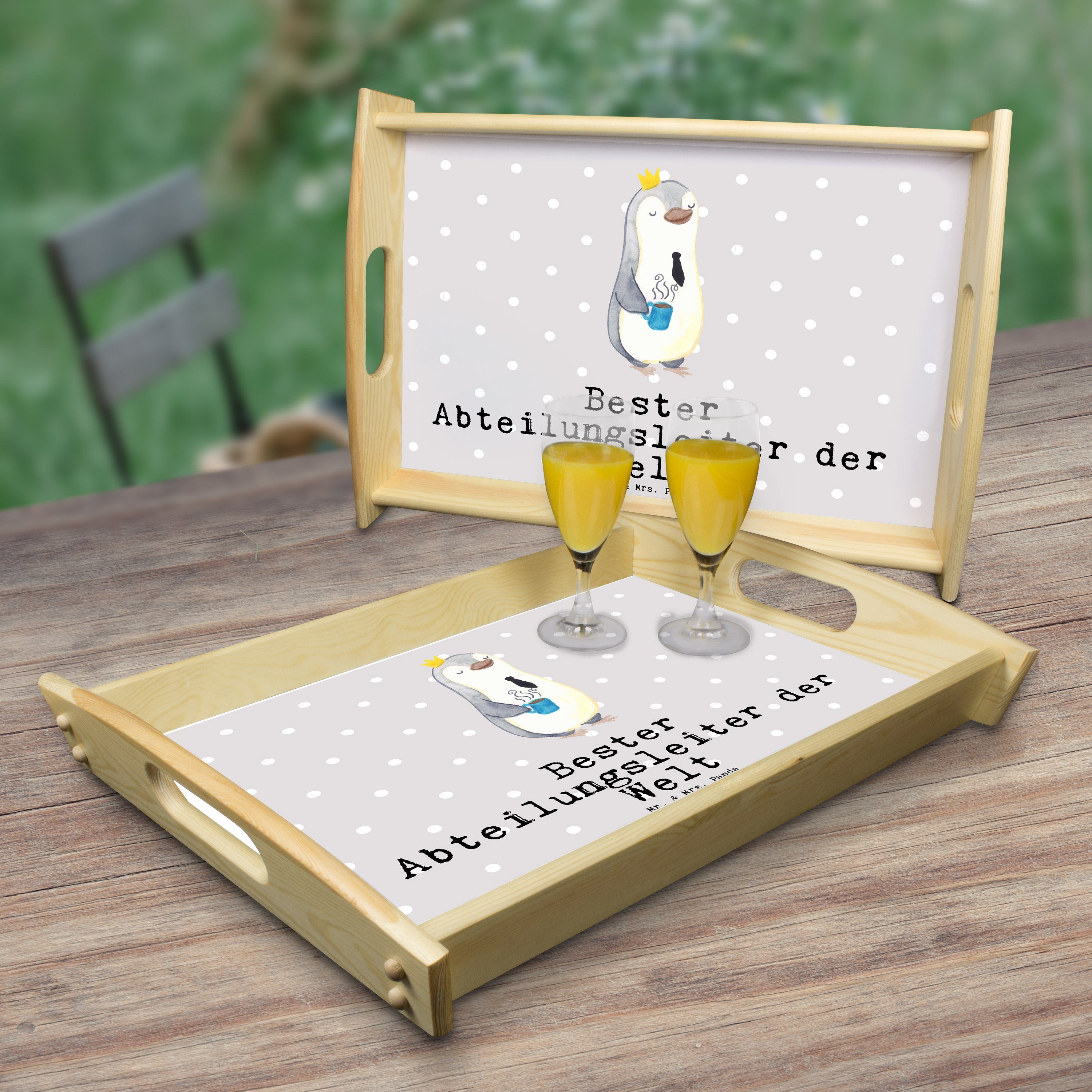 Mr. & Mrs. Pinguin Geschenk, - Abteilungsleiter der G, lasiert, Panda Grau Bester Tablett - Echtholz Pastell (1-tlg) Welt
