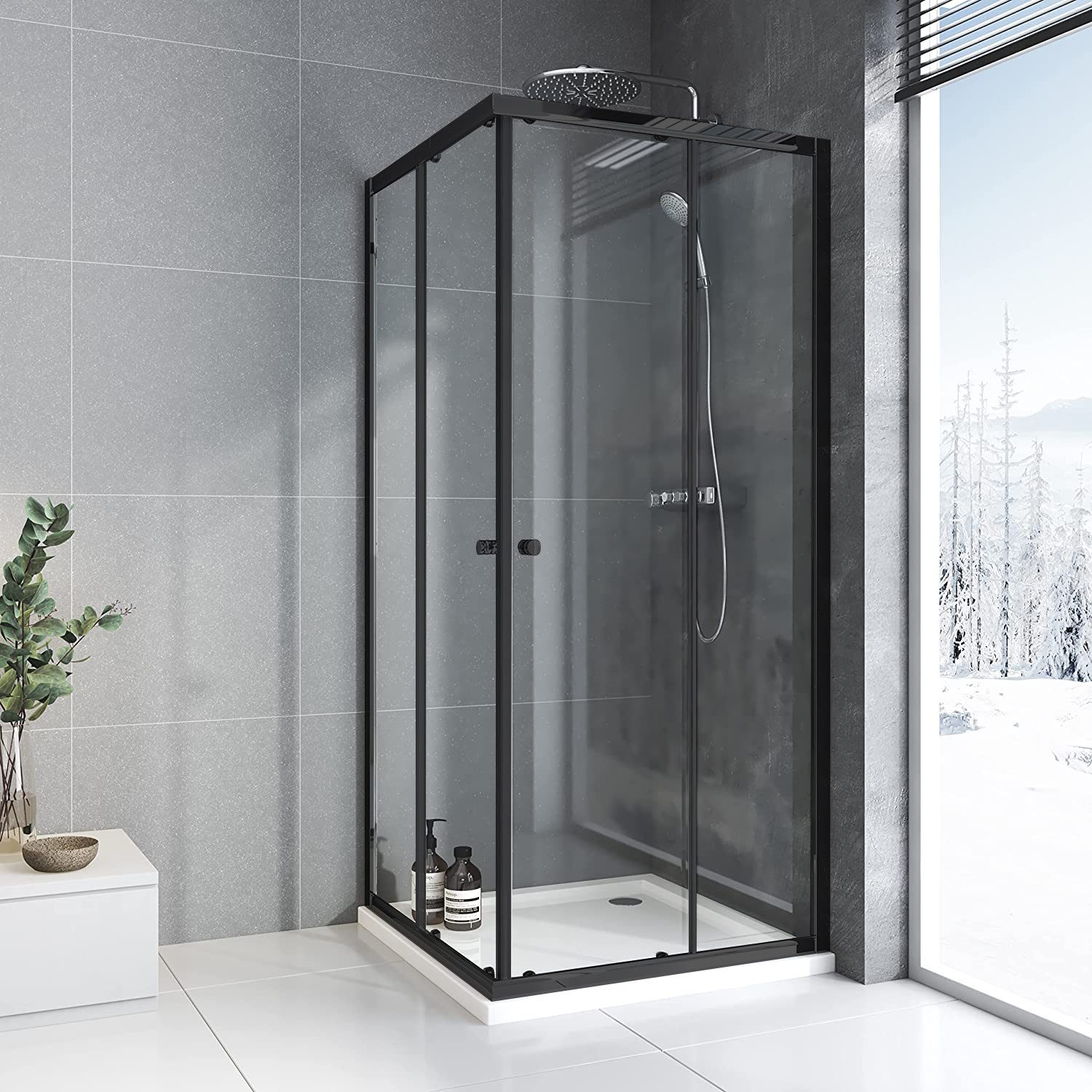Boromal Eckdusche Duschkabine Schwarz 90x90 100x100 75x75 Eckeinstieg mit schiebetür, BxT: 75x80 cm, 5mm ESG, Alu-Rahmen, Alu-profile, Duschwand Duschtür für Dusche, 90x75, 90x80cm, Easy Clean Funktion, Magnetdichtleisten
