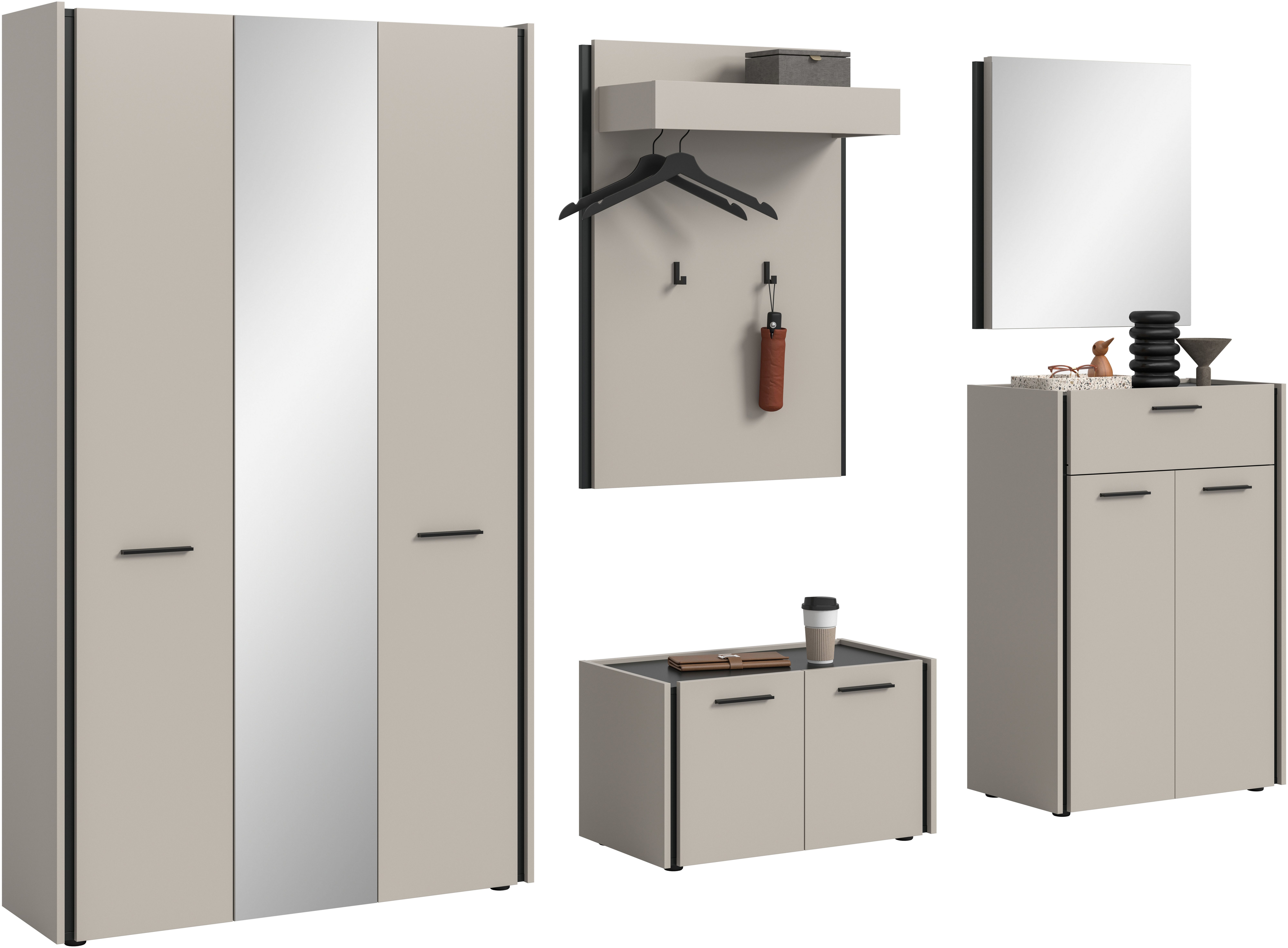 Home affaire Garderoben-Set RAK, 5-teilige Garderoben-Kombination, Breite ca. 287 cm, (5-St., Garderobenschrank, Sitzbank, Garderobenpaneel, Schuhkommode, Spiegel), Garderobenkombination, Kombination, Set, Flurgarderobe, Diele