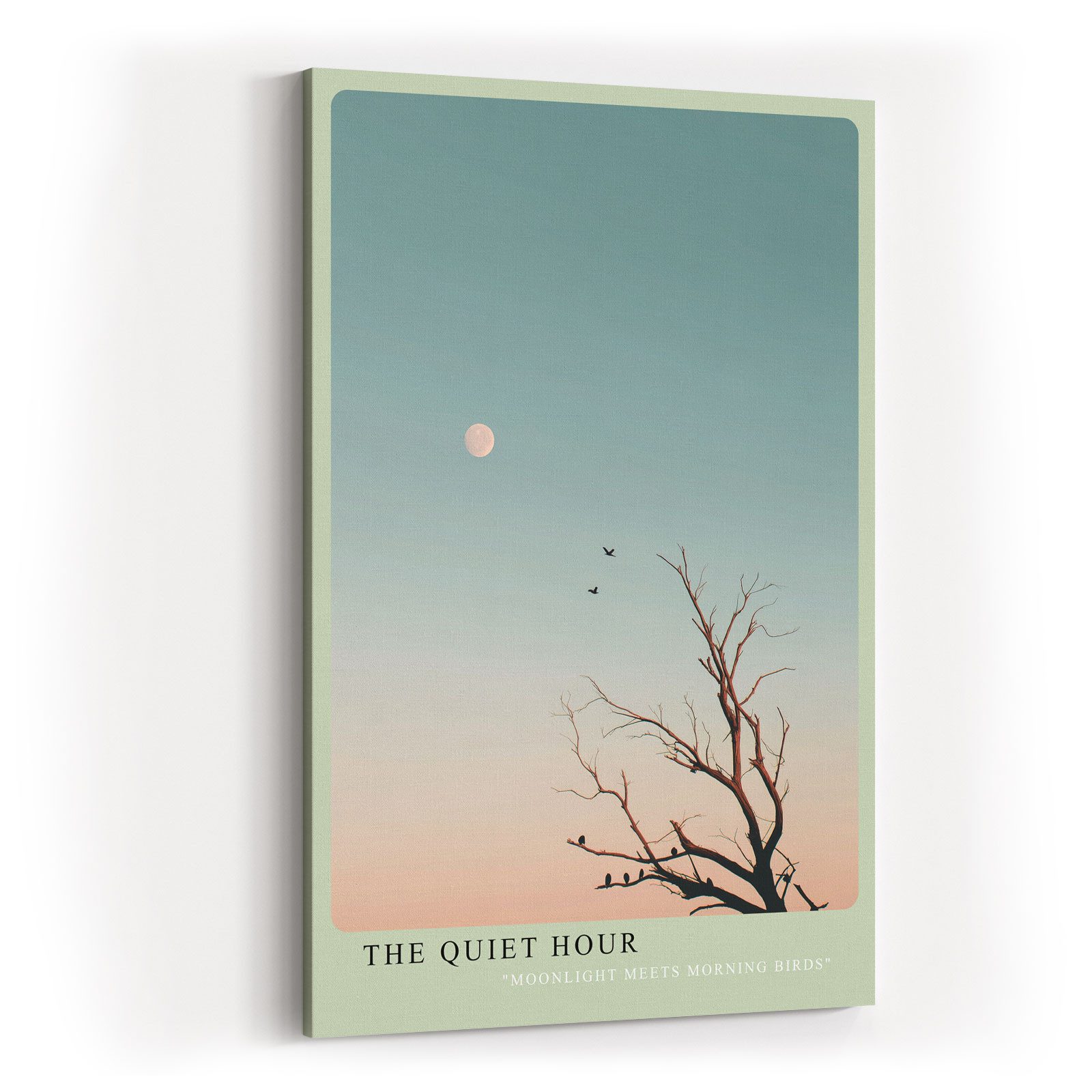 Sinus Art Leinwandbild Baum Vögel Mond Blau Rosa Minimalismus Ruhe Modern Design Wandbild