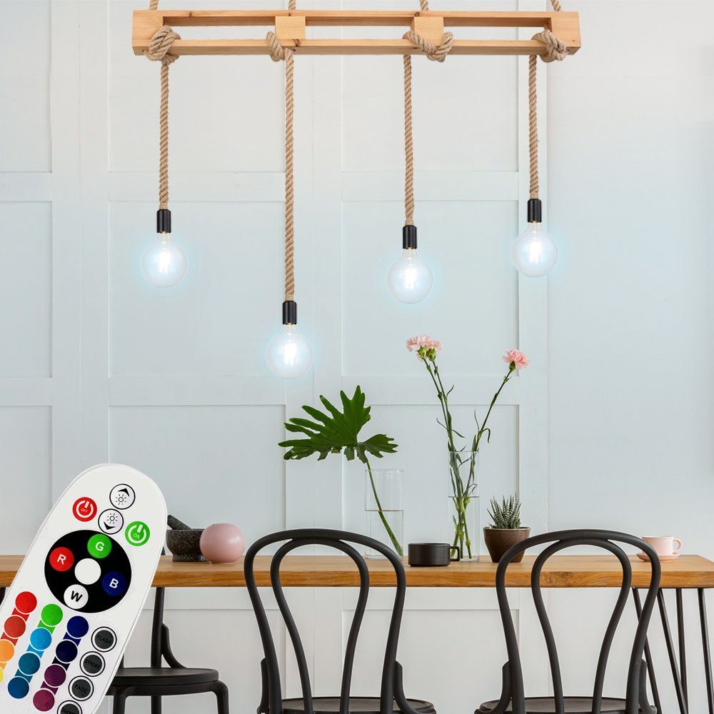 etc-shop LED Pendelleuchte, Leuchtmittel inklusive, Warmweiß, Farbwechsel, Hanfseil Decken Pendel Leuchte Fernbedienung Holz Hänge Lampe