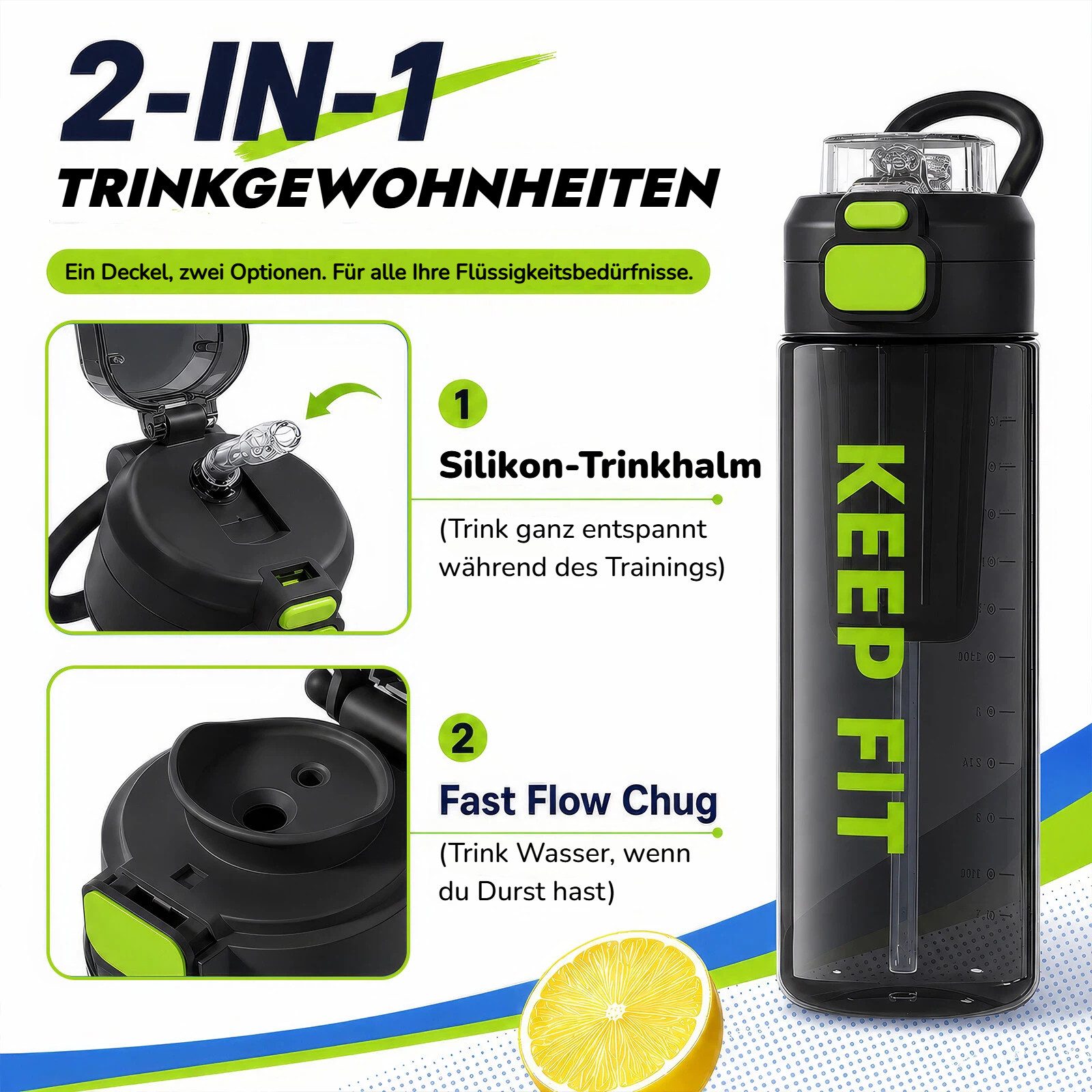 BlingBin Trinkflasche Auslaufsicher Wasserflasche 750ml, Sport Flasche mit Strohhalm, Trinkflasche mit Fruchteinsatz für Arbeit, Wandern, Yoga, Schule – Bild 5 von 5