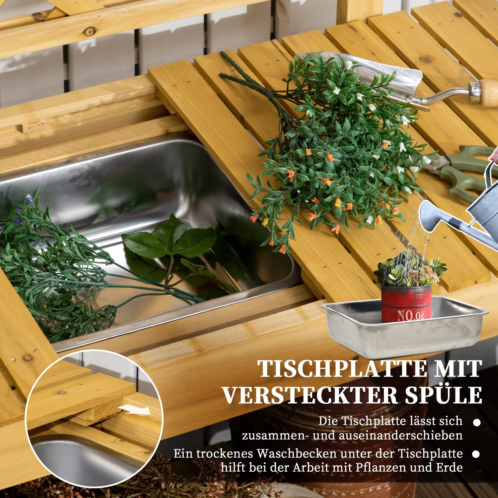 Outsunny Pflanztisch mit Edelstahl-Spülbecken Tischplatte 1-St., (Set, mit Gärtnertisch), ausziehbarer