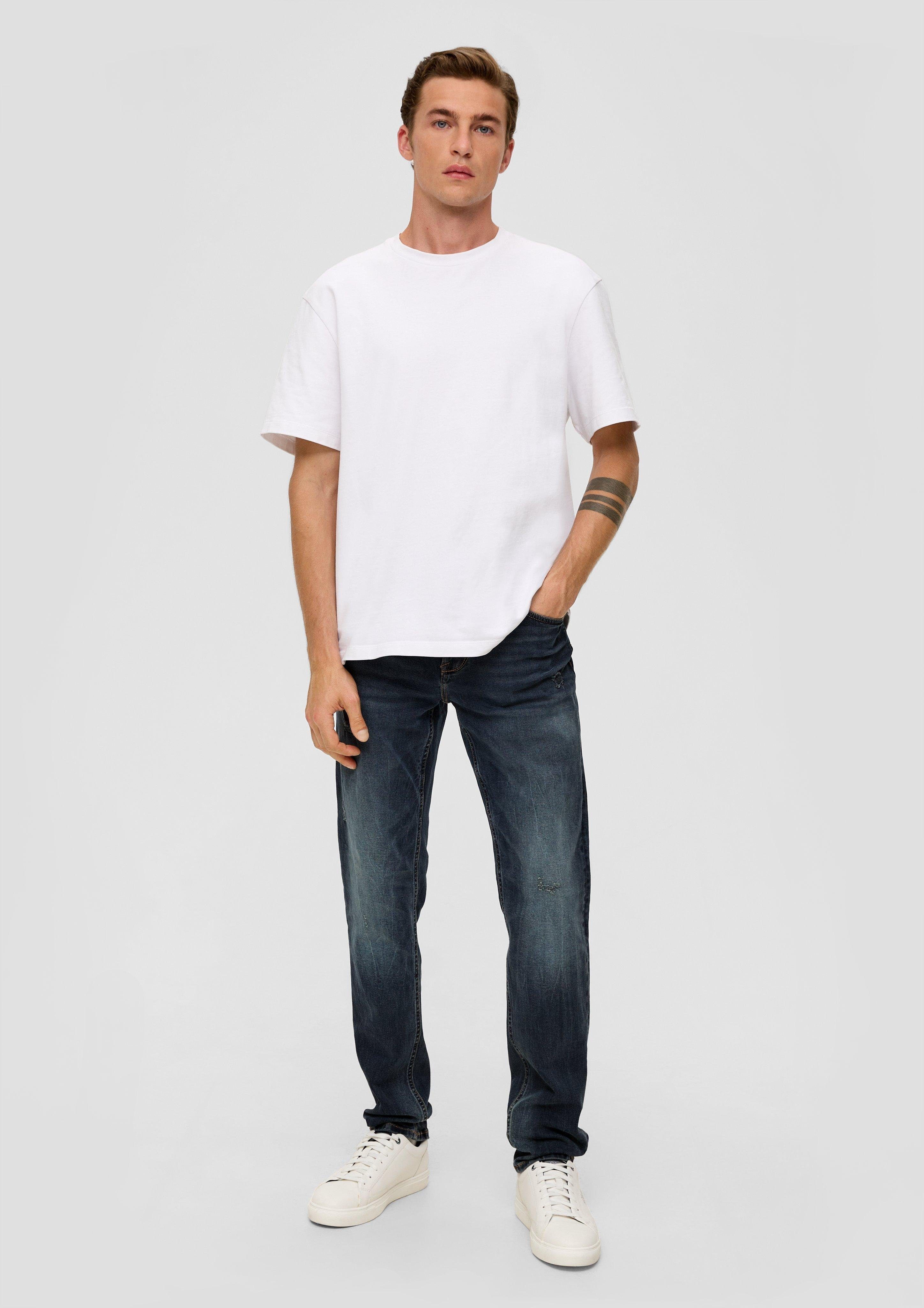 Jeans Leg s.Oliver dunkelblau Slim Fit Mid / Label-Patch, / Stoffhose Nelio Slim Rise Destroyes /