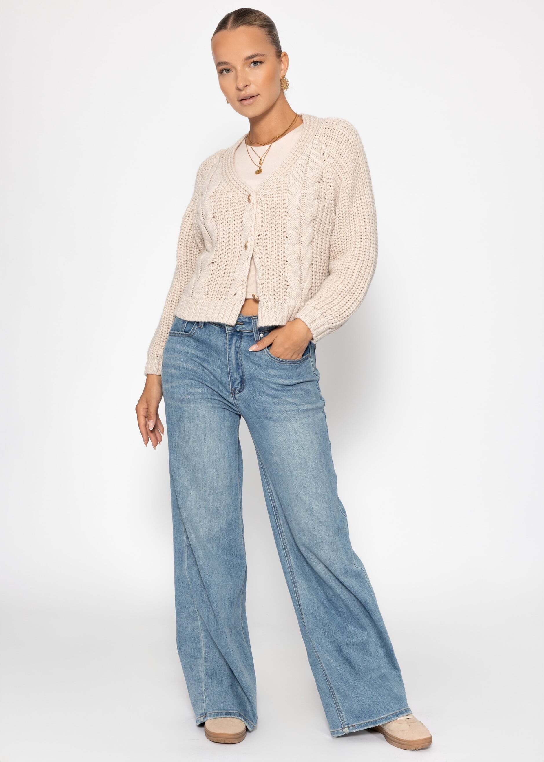 SASSYCLASSY Cardigan Zopfstrick-Cardigan mit Knopfleiste für Damen Lockerer Cardigan aus Strick im verkürzten Design Beige Rosa Grün