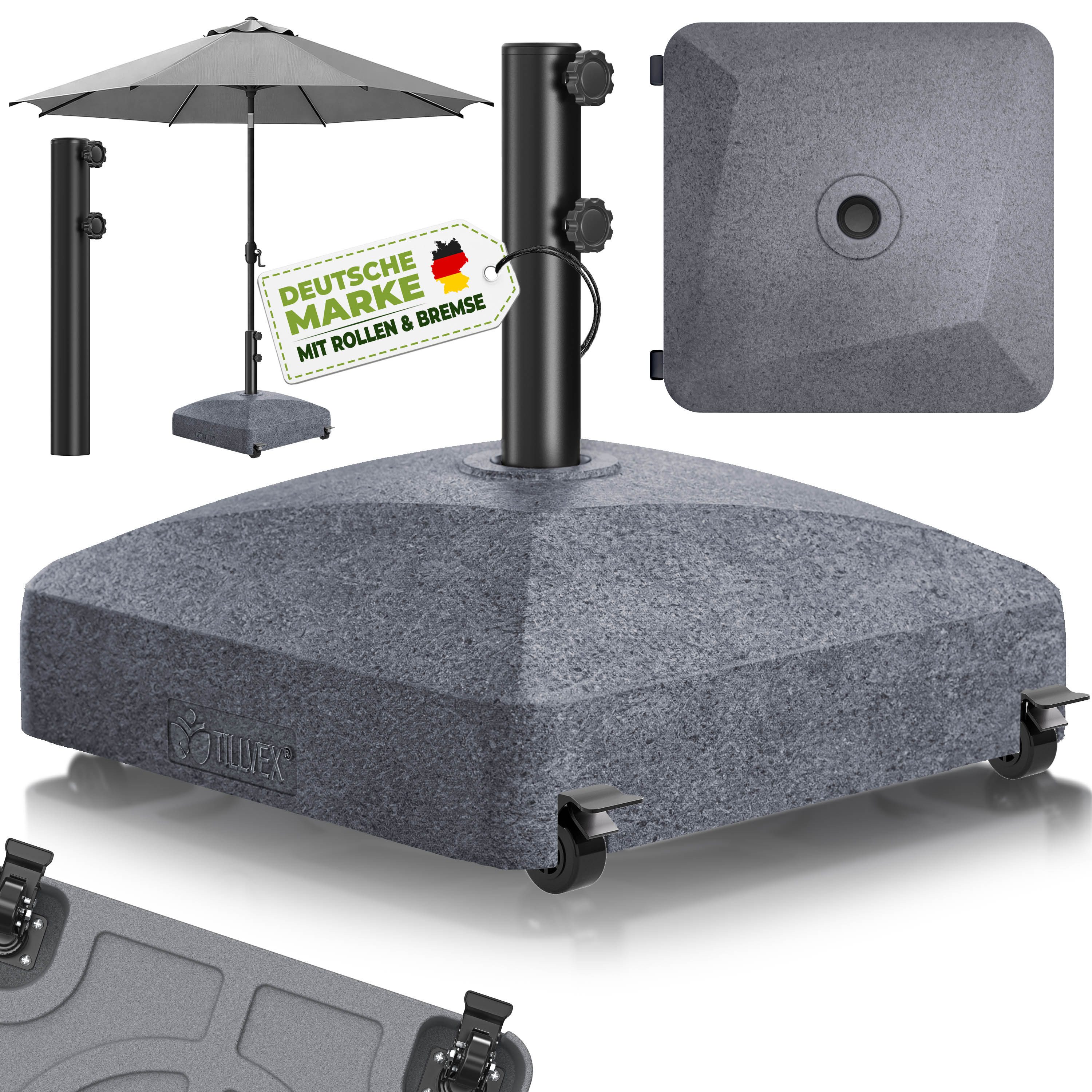tillvex Sonnenschirm tillvex® Sonnenschirmständer GRAVIA mit Rollen & Bremsen, Schirmständ, & Marktschirm Ø 1,8-3,7m, Ampelschirmständer wetterfest, Schirmständer befüllbar 37 Liter / 56 kg Schirmgewicht Sonnenschirm, Sonnenschirmständer GRAVIA mit Rollen & Bremsen